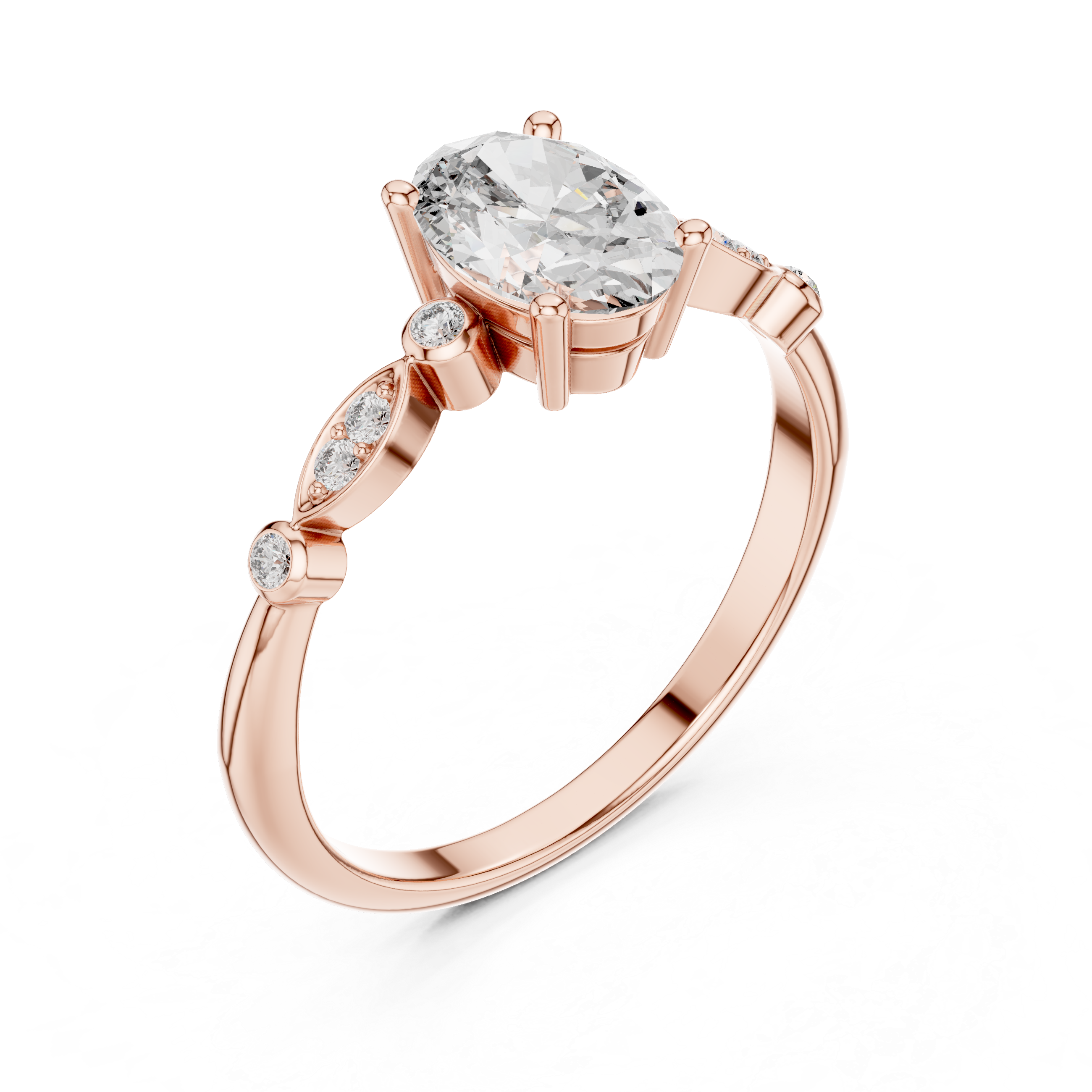 Vintage Inspired Oval Solitaire Engagement Ring with Marquise Side Accents