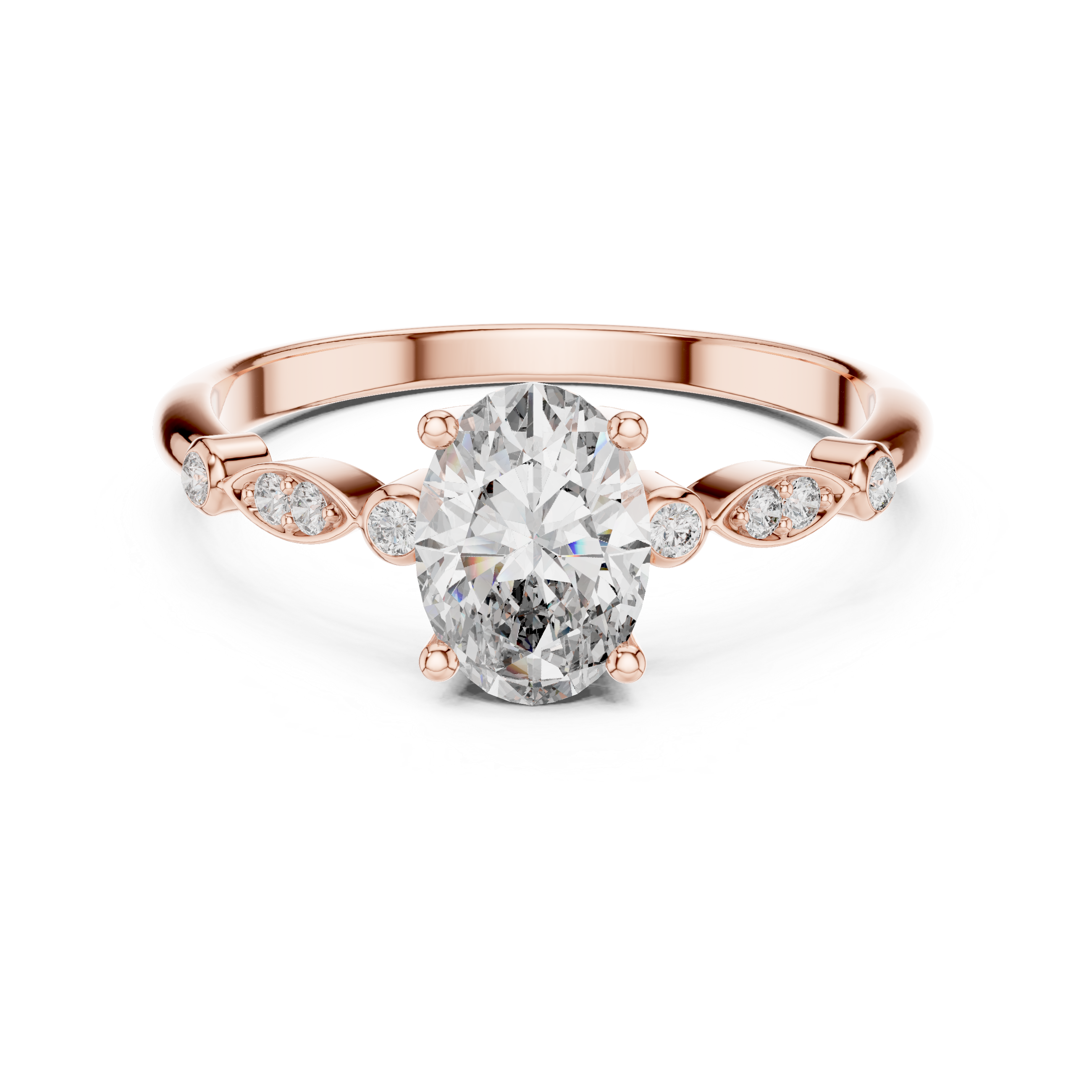 Vintage Inspired Oval Solitaire Engagement Ring with Marquise Side Accents