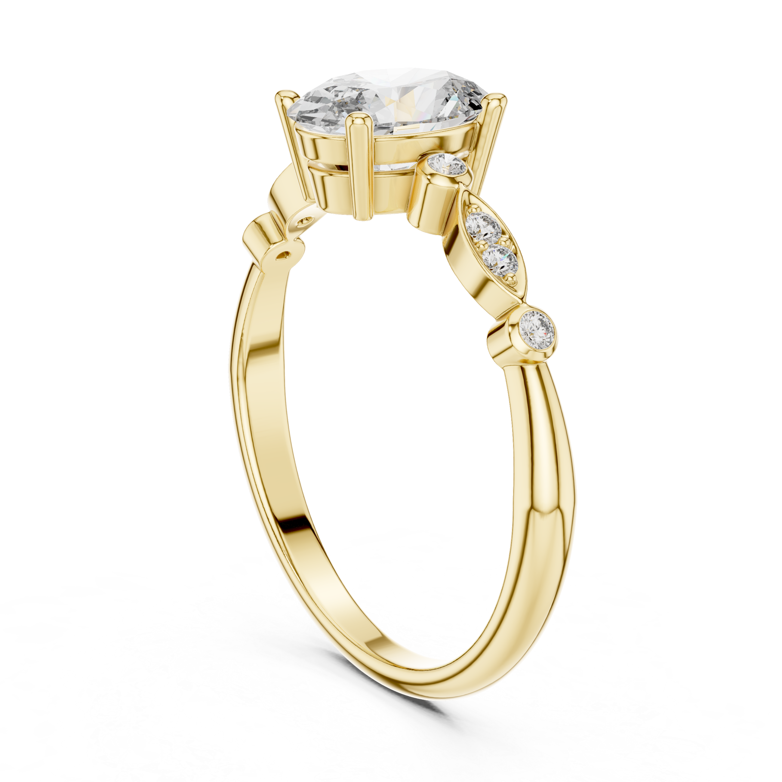 Vintage Inspired Oval Solitaire Engagement Ring with Marquise Side Accents