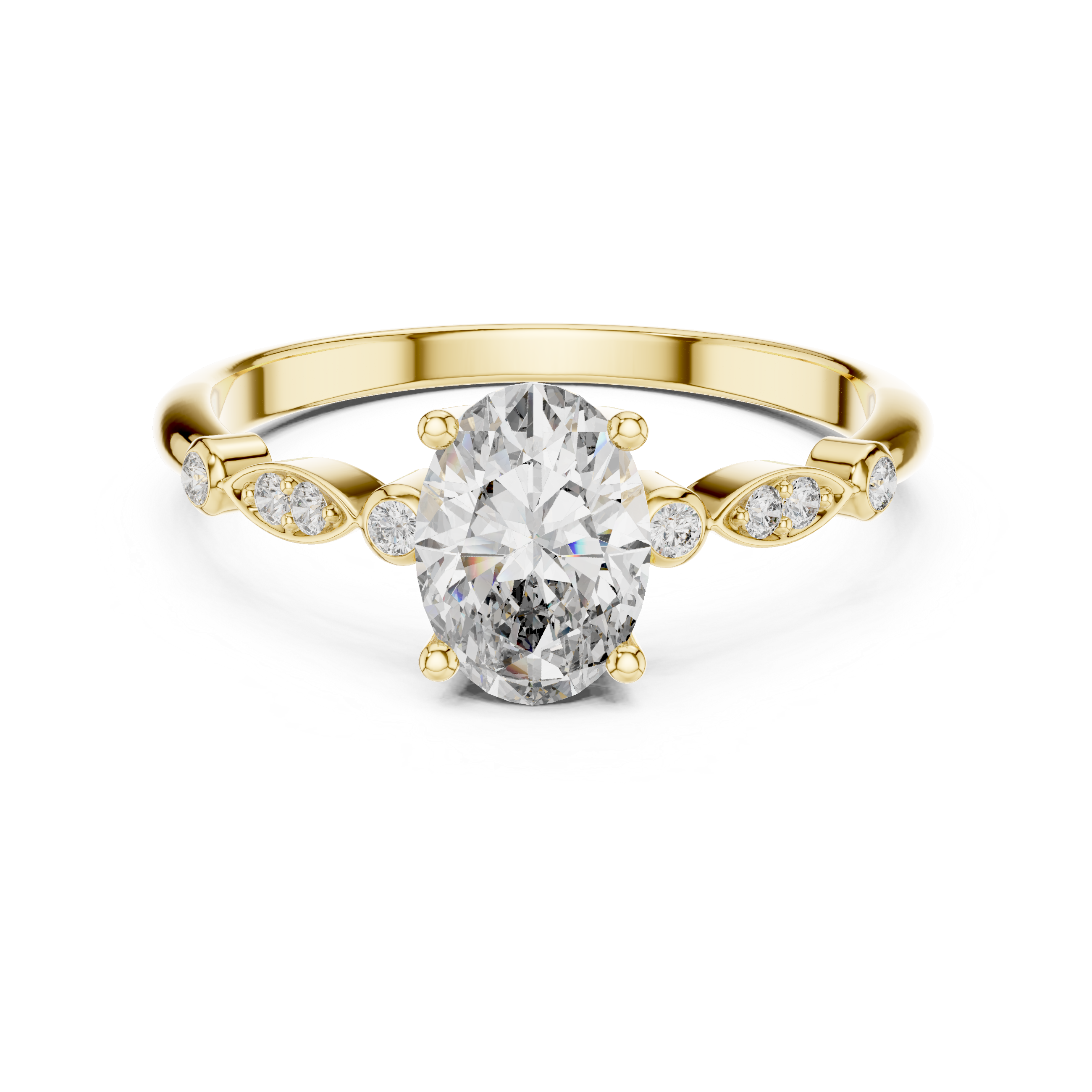 Vintage Inspired Oval Solitaire Engagement Ring with Marquise Side Accents