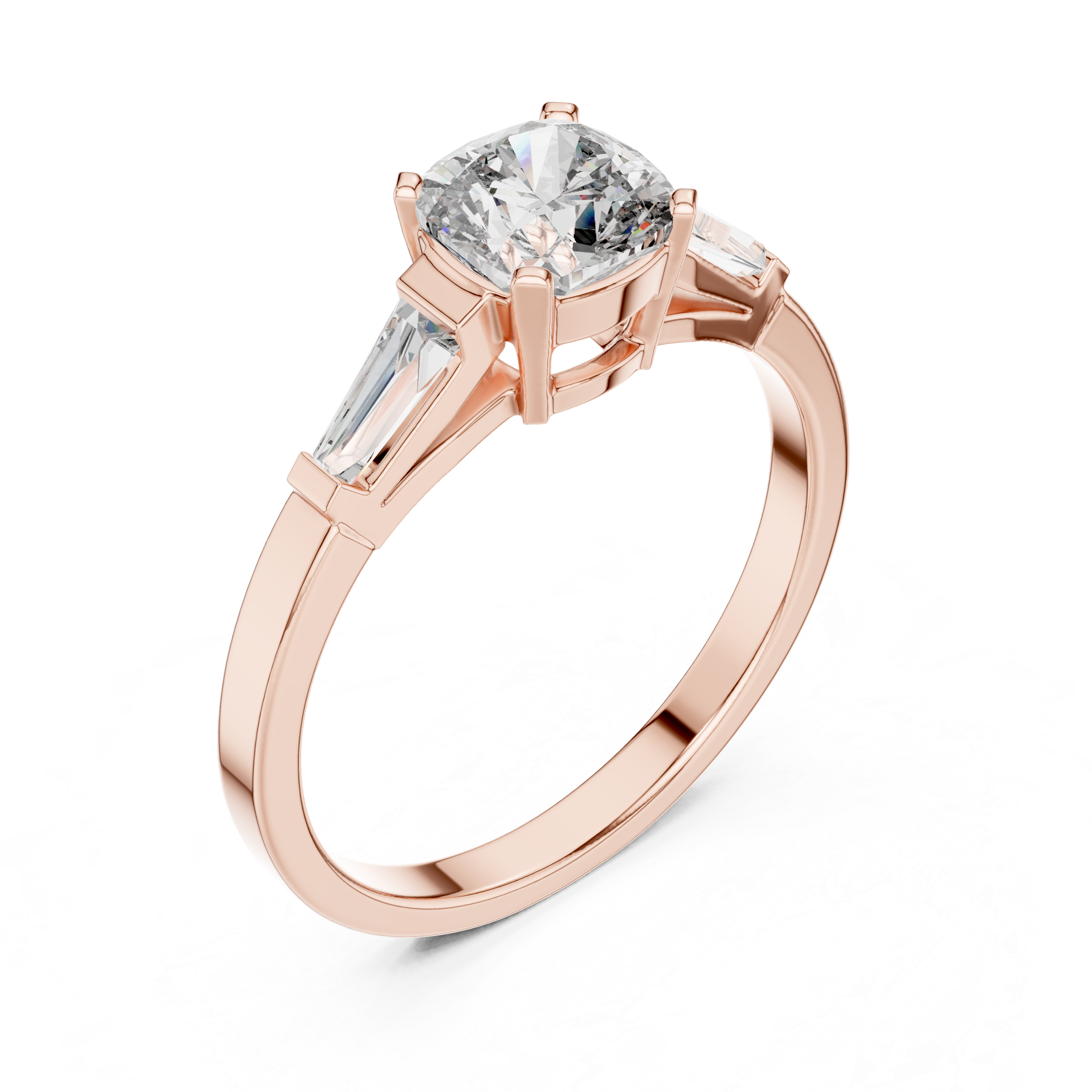 Cushion Cut Three Stone Engagement Ring with Tapered Baguette Side Stones