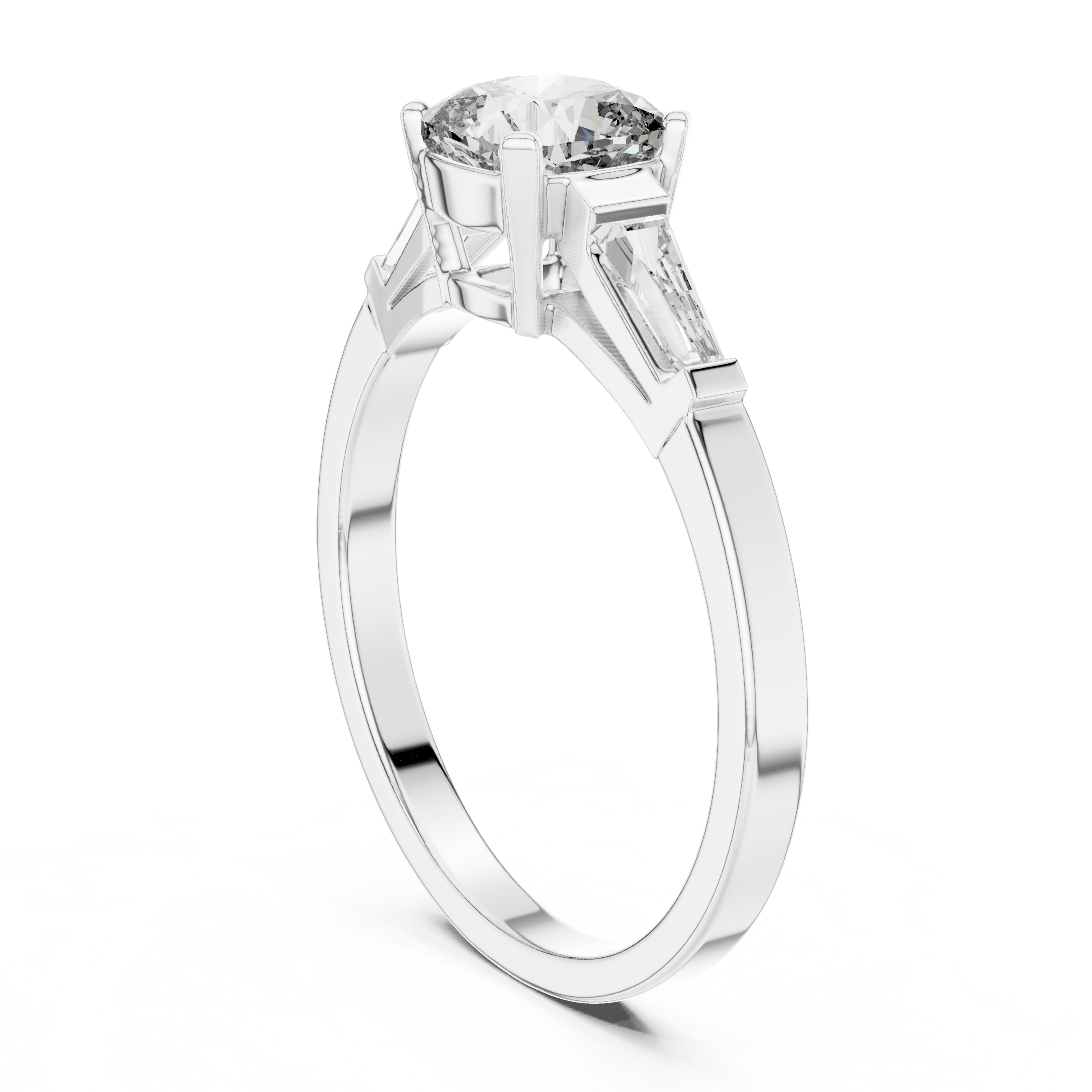 Cushion Cut Three Stone Engagement Ring with Tapered Baguette Side Stones
