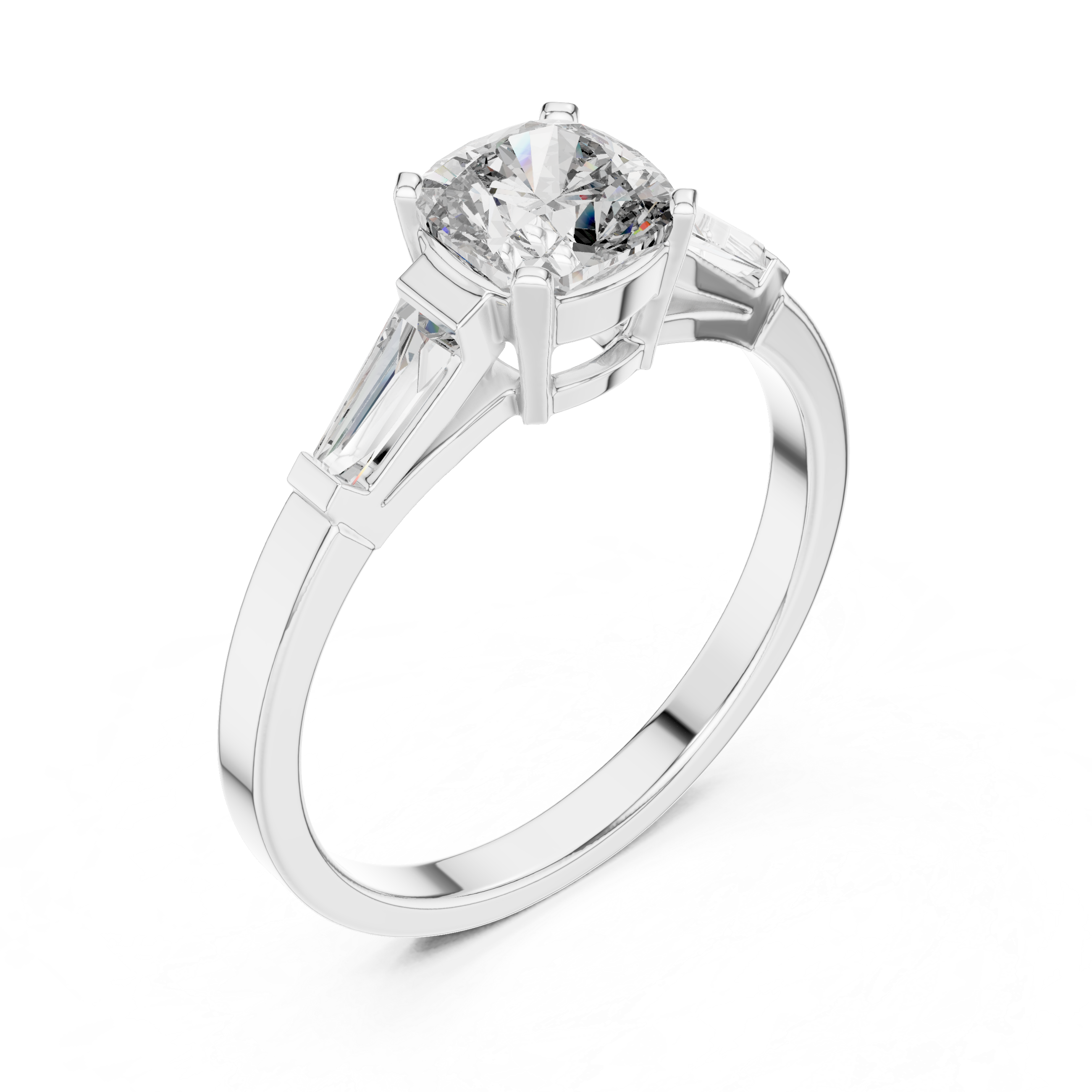 Cushion Cut Three Stone Engagement Ring with Tapered Baguette Side Stones