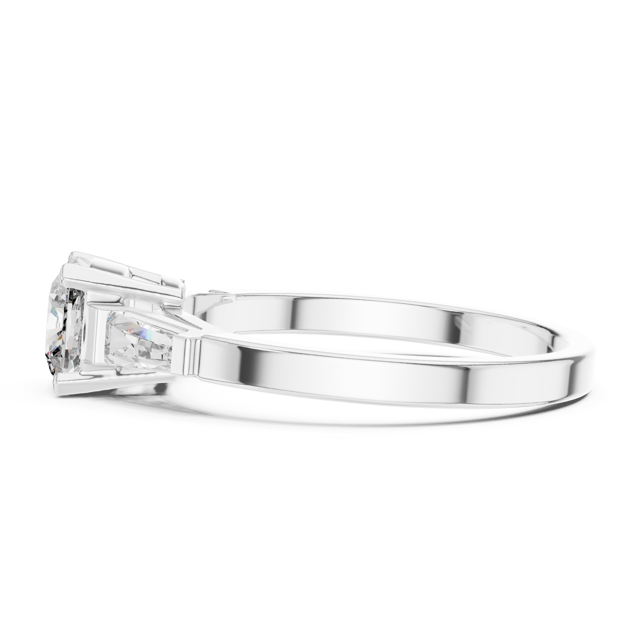 Cushion Cut Three Stone Engagement Ring with Tapered Baguette Side Stones