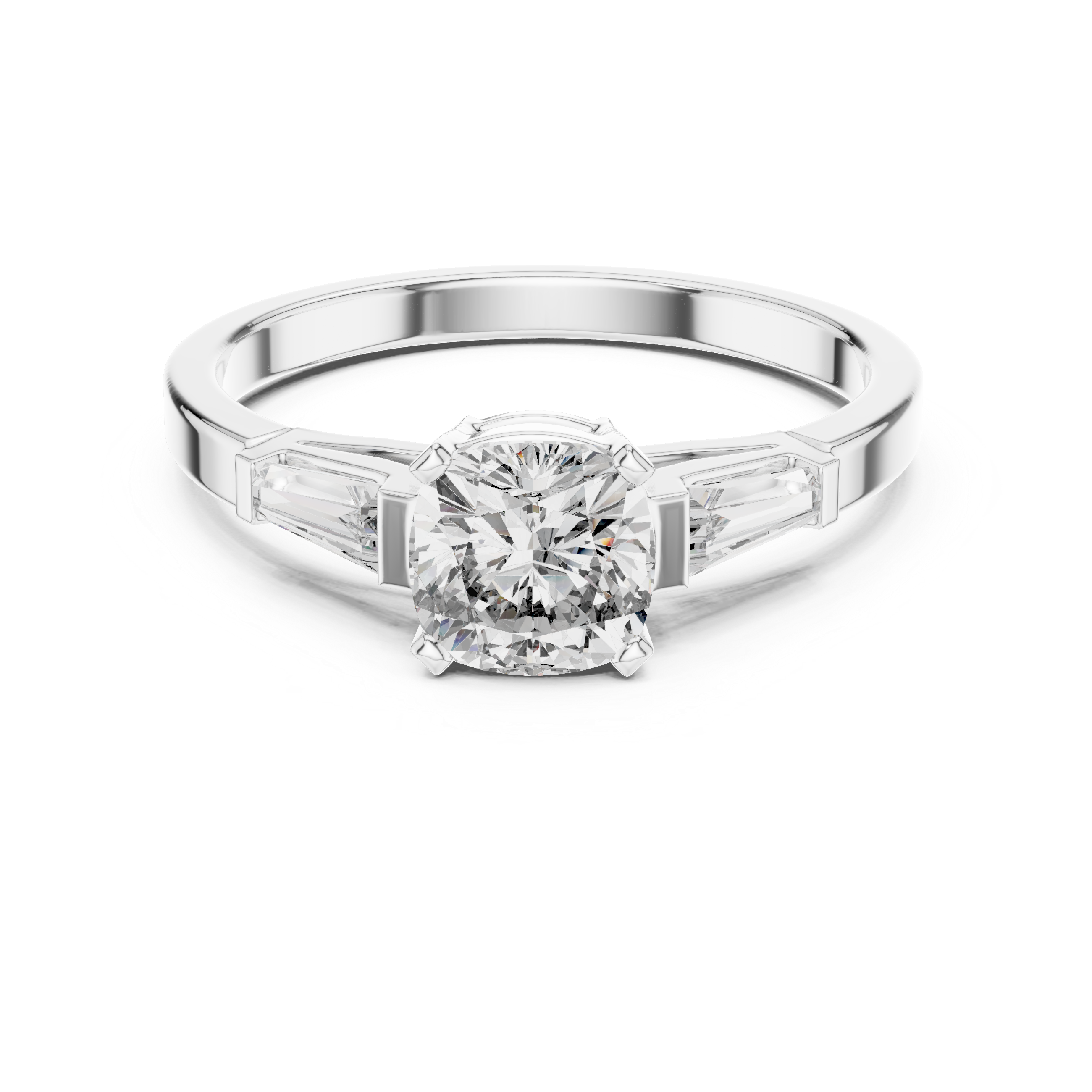 Cushion Cut Three Stone Engagement Ring with Tapered Baguette Side Stones
