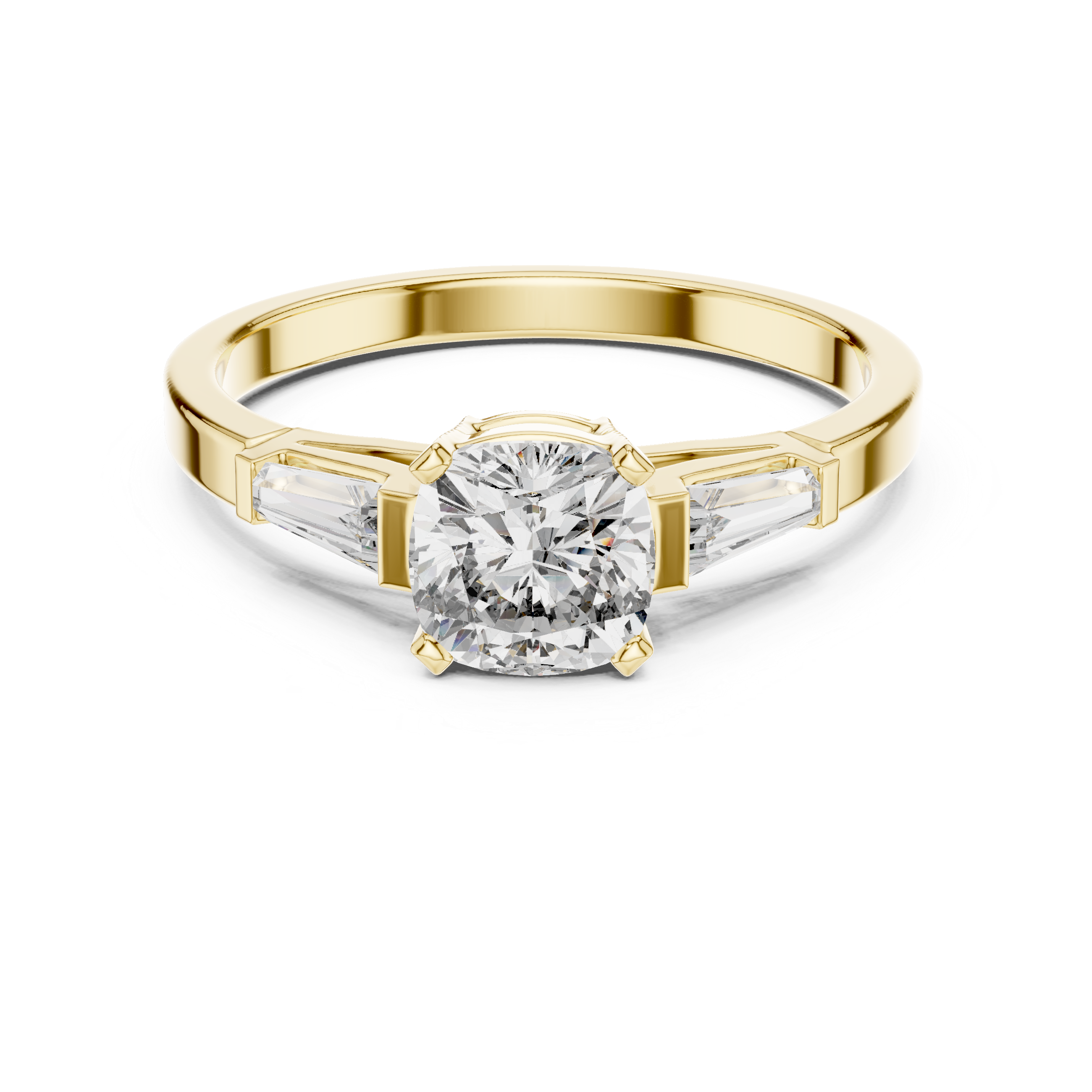 Cushion Cut Three Stone Engagement Ring with Tapered Baguette Side Stones