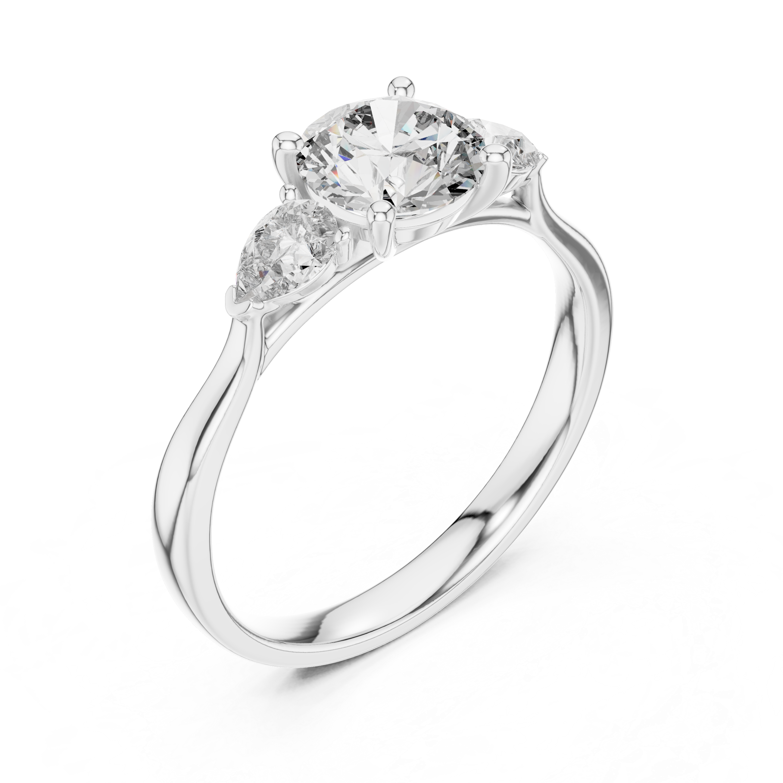 Round Cut Three Stone Engagement Ring with Pear Side Stones