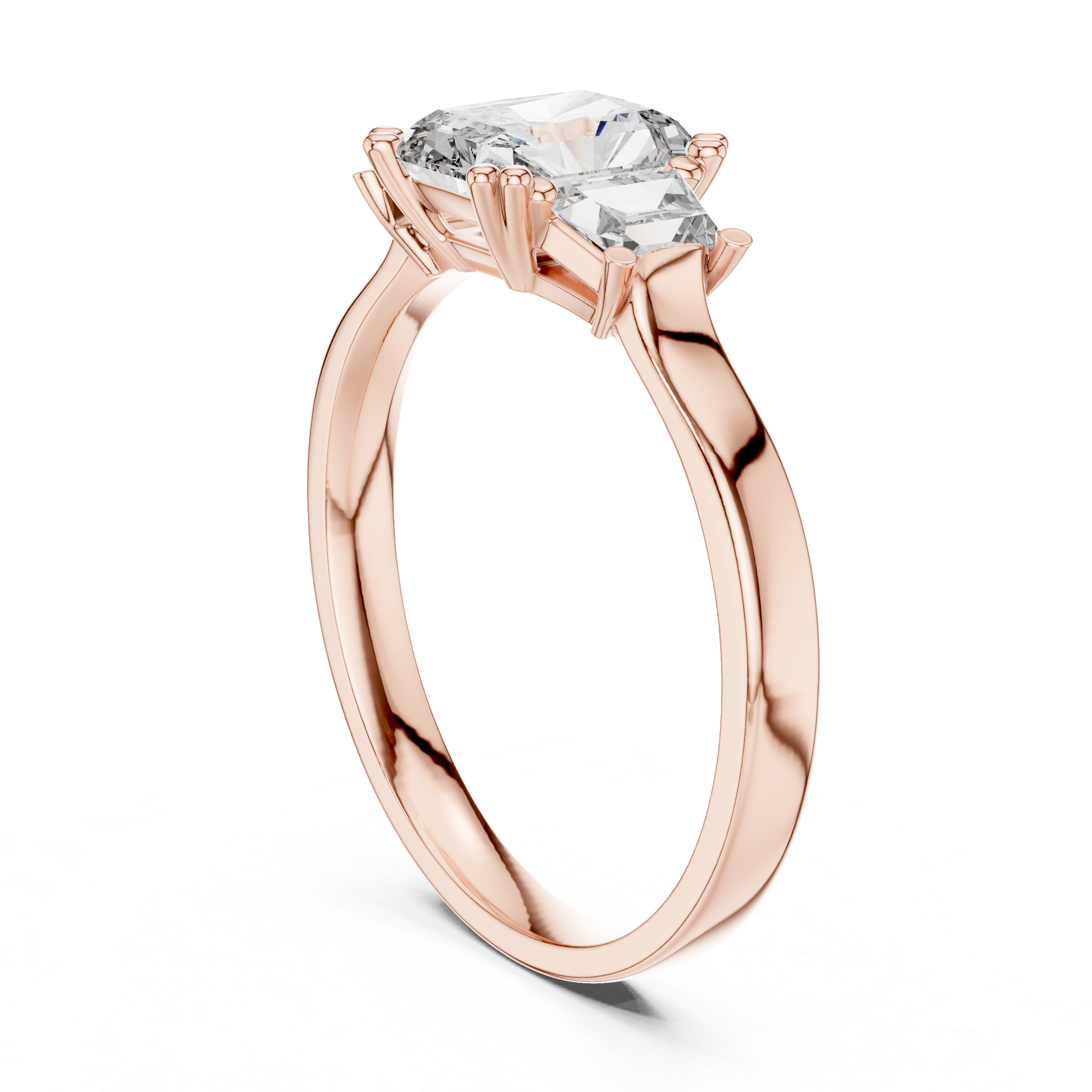 Radiant Cut Three Stone Engagement Ring with Tapered Baguette Side Stones