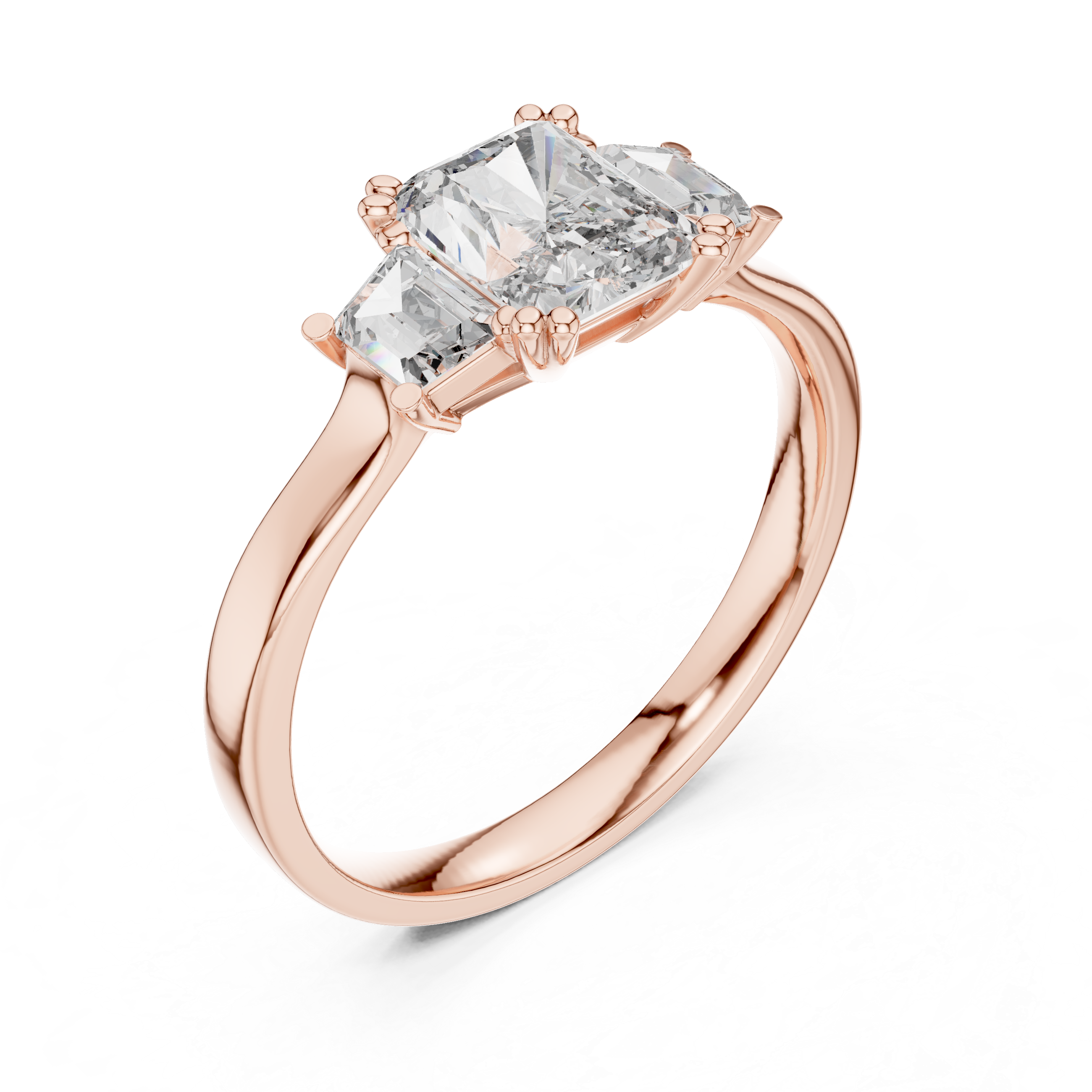 Radiant Cut Three Stone Engagement Ring with Tapered Baguette Side Stones