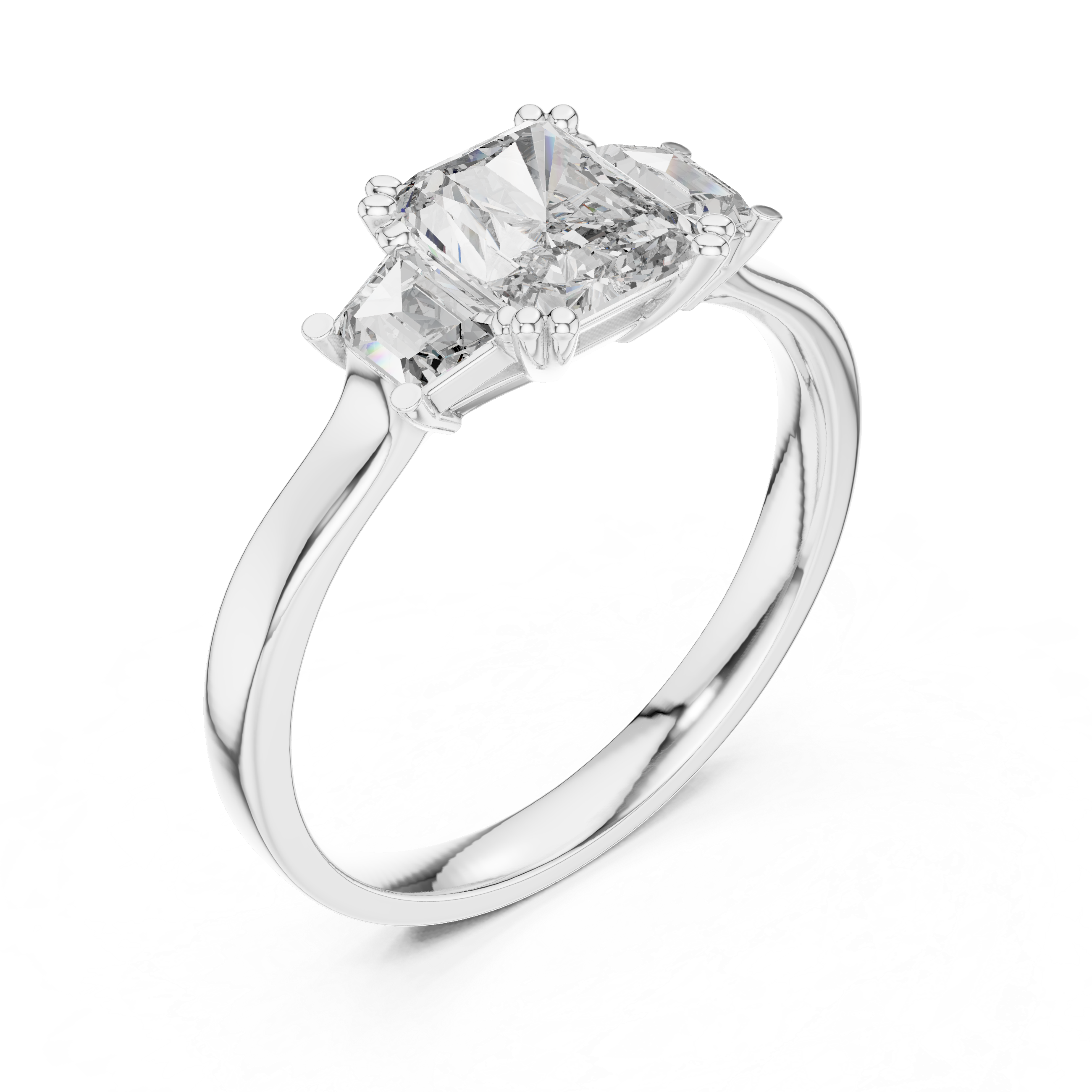 Radiant Cut Three Stone Engagement Ring with Tapered Baguette Side Stones