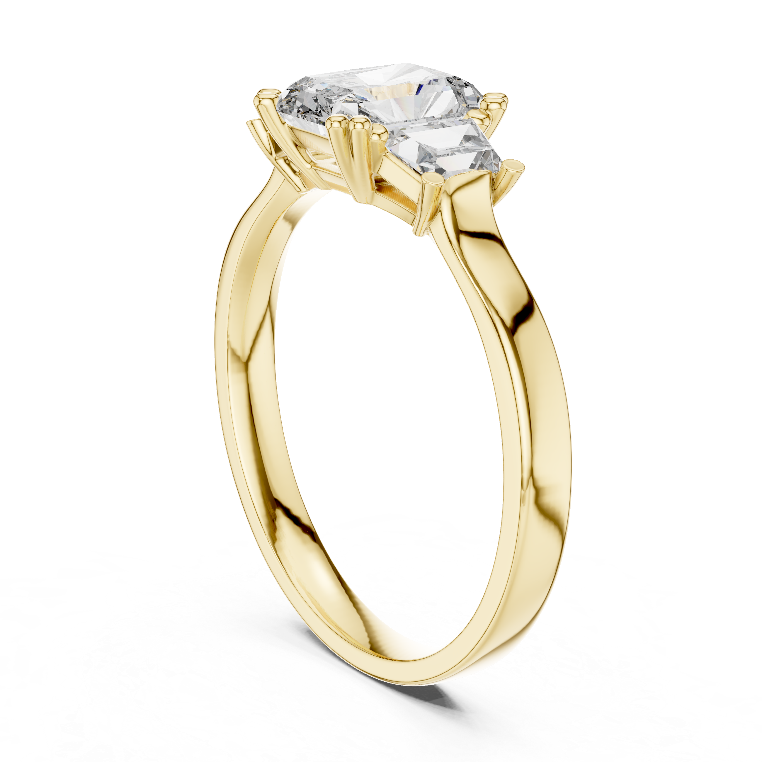 Radiant Cut Three Stone Engagement Ring with Tapered Baguette Side Stones