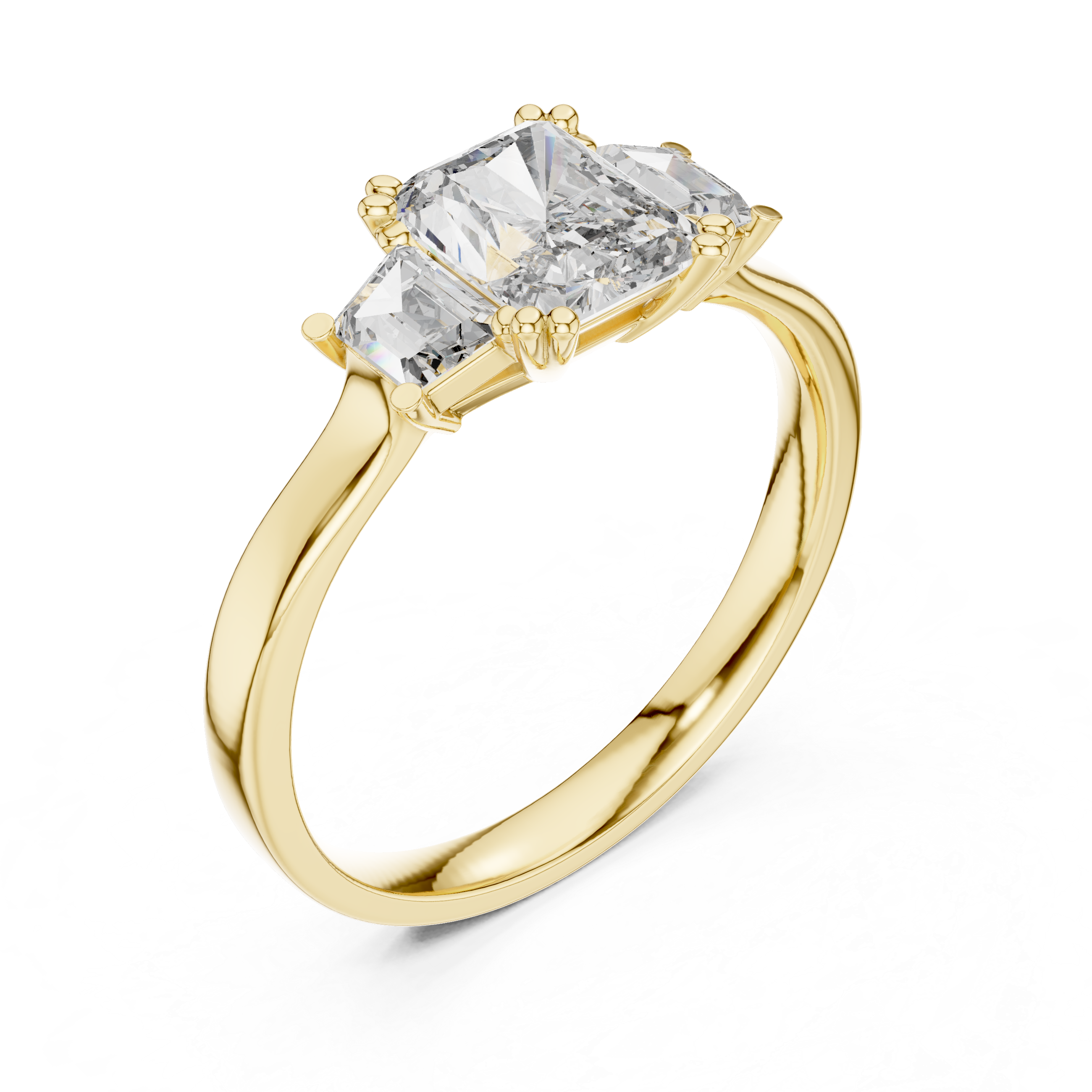 Radiant Cut Three Stone Engagement Ring with Tapered Baguette Side Stones