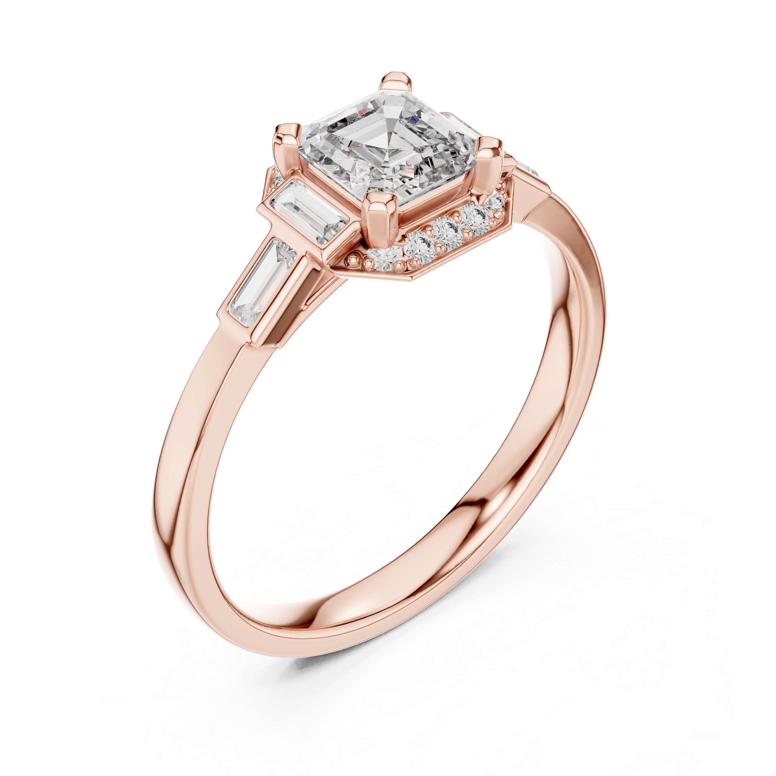 Emerald Cut Three Stone Engagement Ring with Baguette Side Diamonds