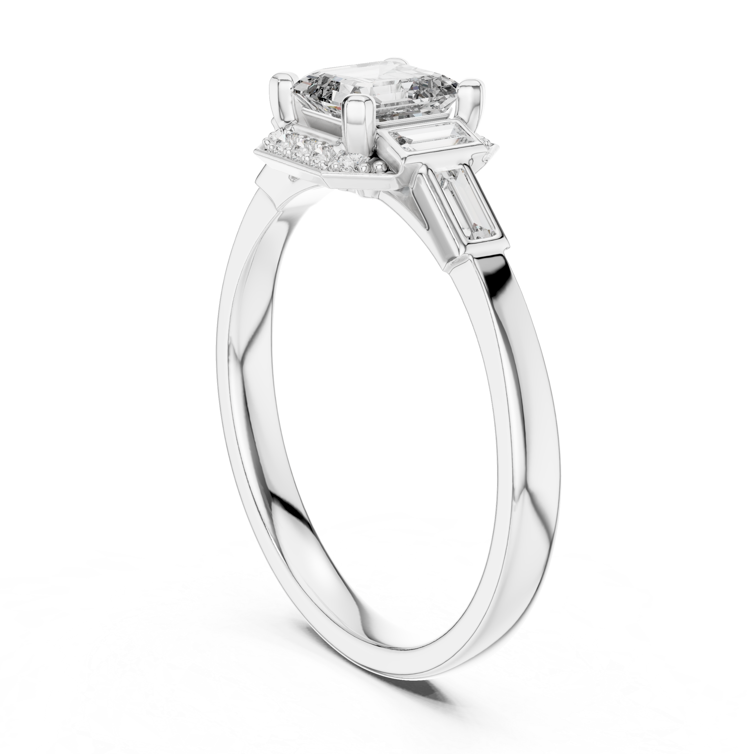 Emerald Cut Three Stone Engagement Ring with Baguette Side Diamonds