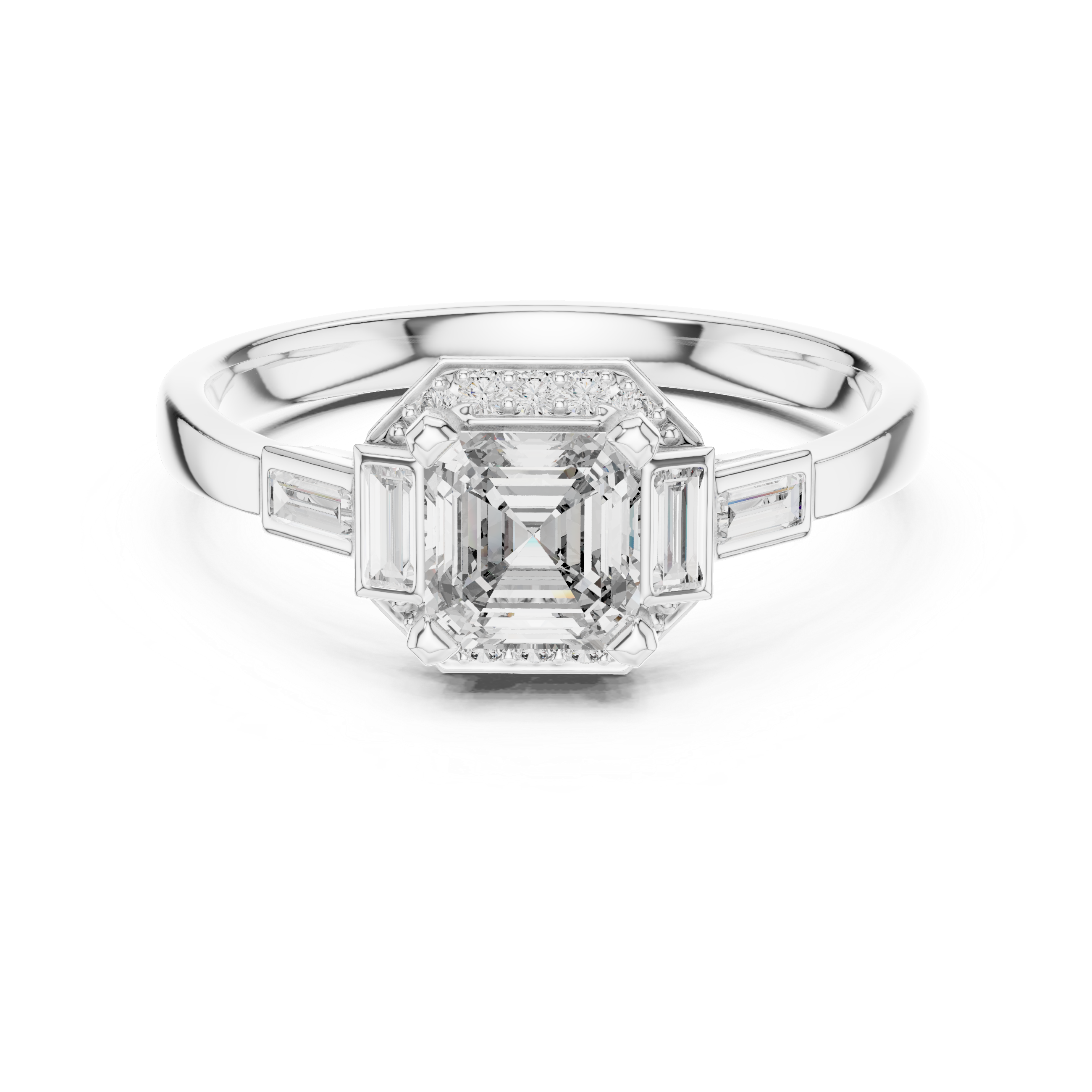 Emerald Cut Three Stone Engagement Ring with Baguette Side Diamonds