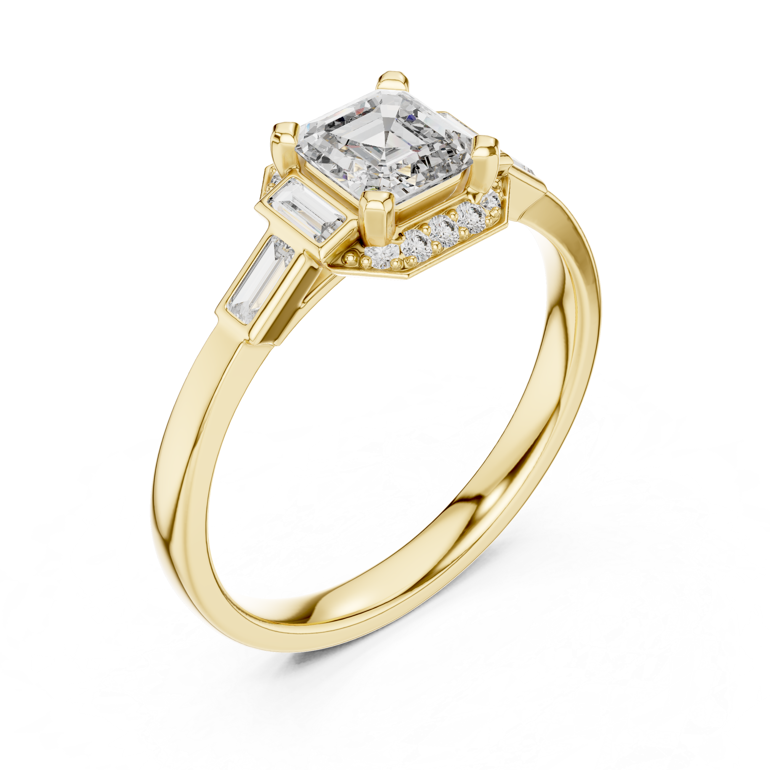 Emerald Cut Three Stone Engagement Ring with Baguette Side Diamonds