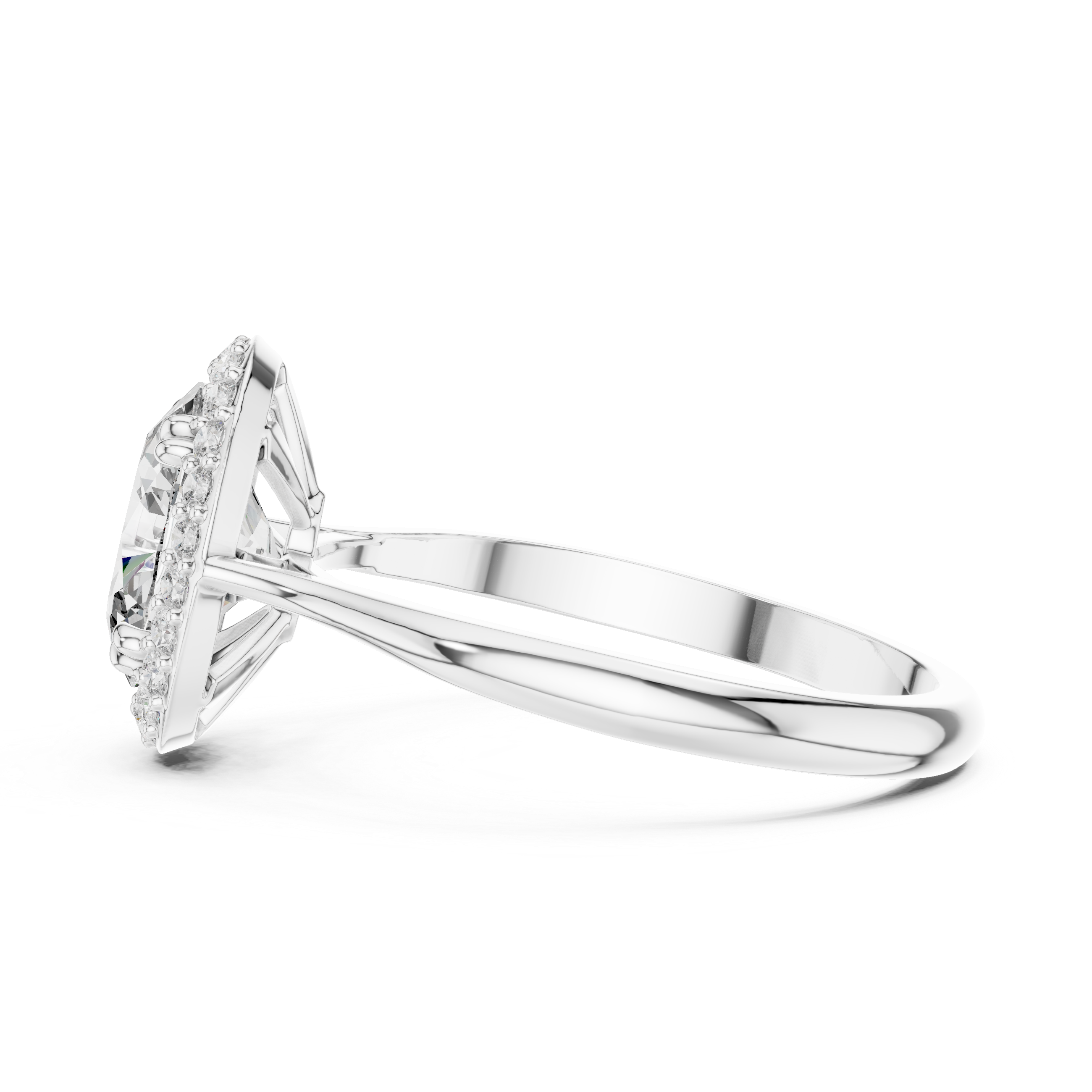 Oval Halo Engagement Ring with Hidden Gallery and Pavé Accent Border