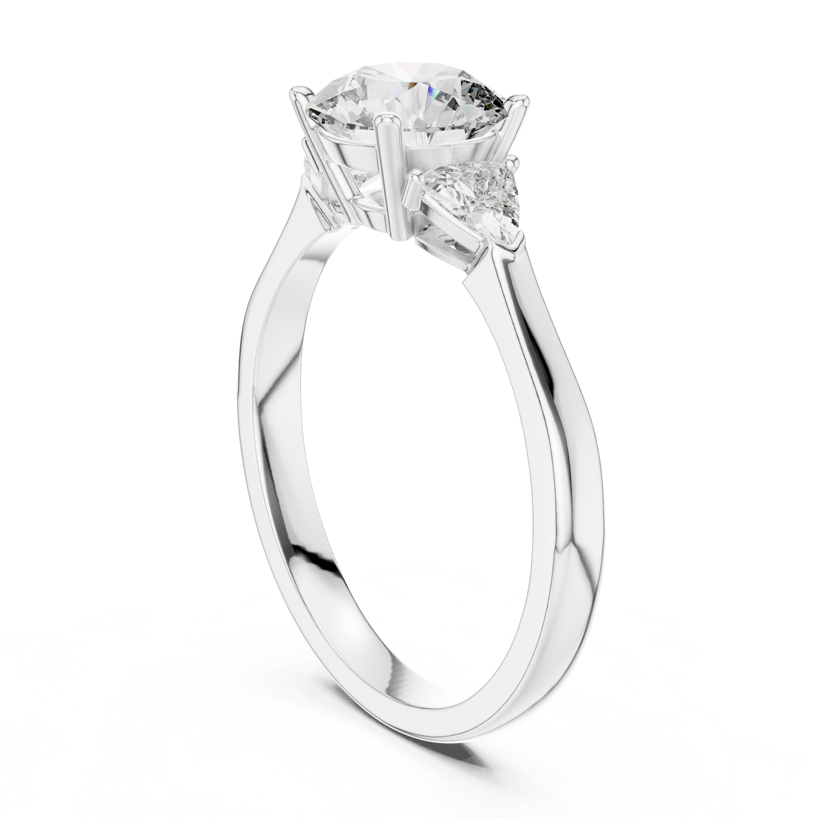 Round Cut Three Stone Engagement Ring with Trillion Side Diamonds
