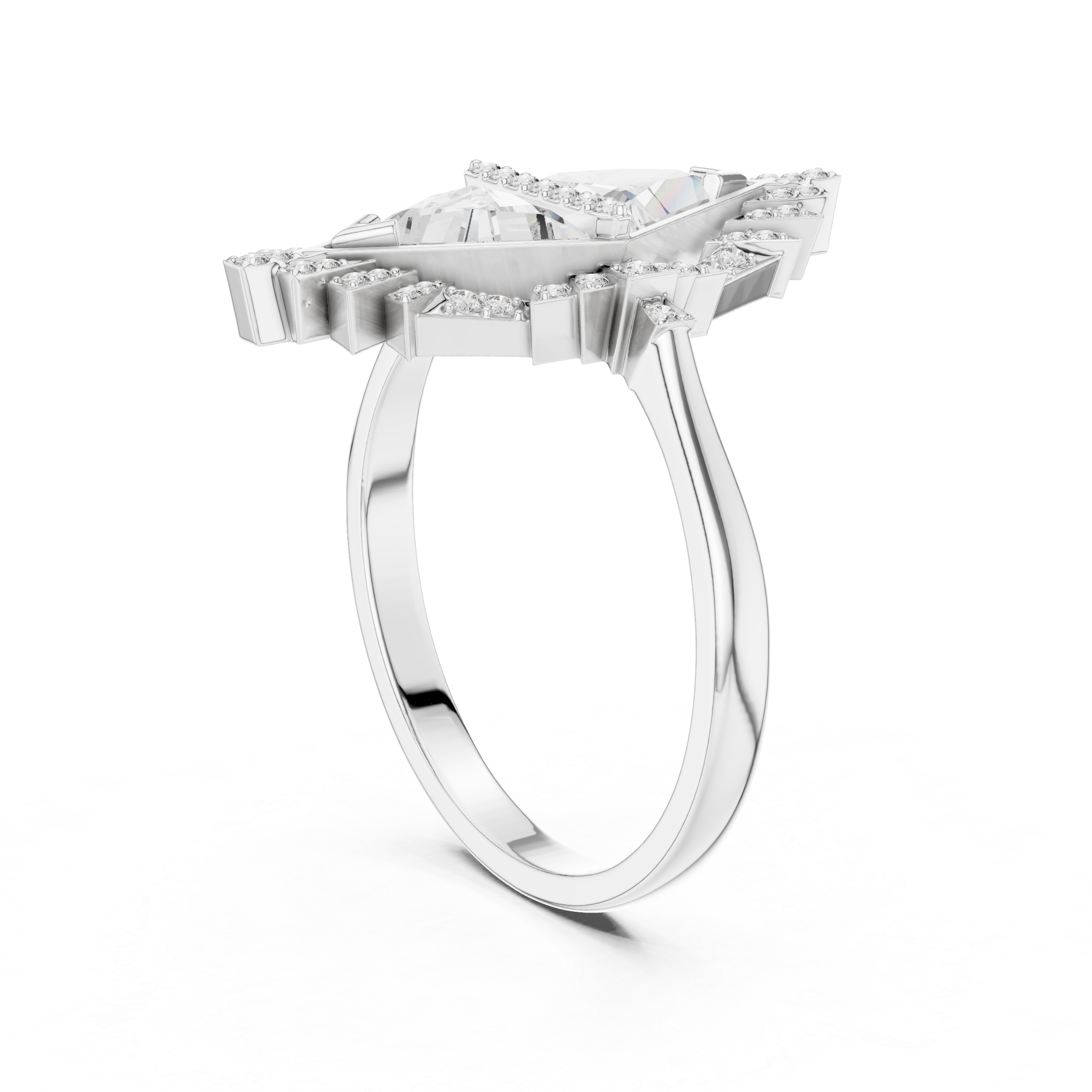 Art Deco Double Triangle Diamond Ring with Geometric Halo Design