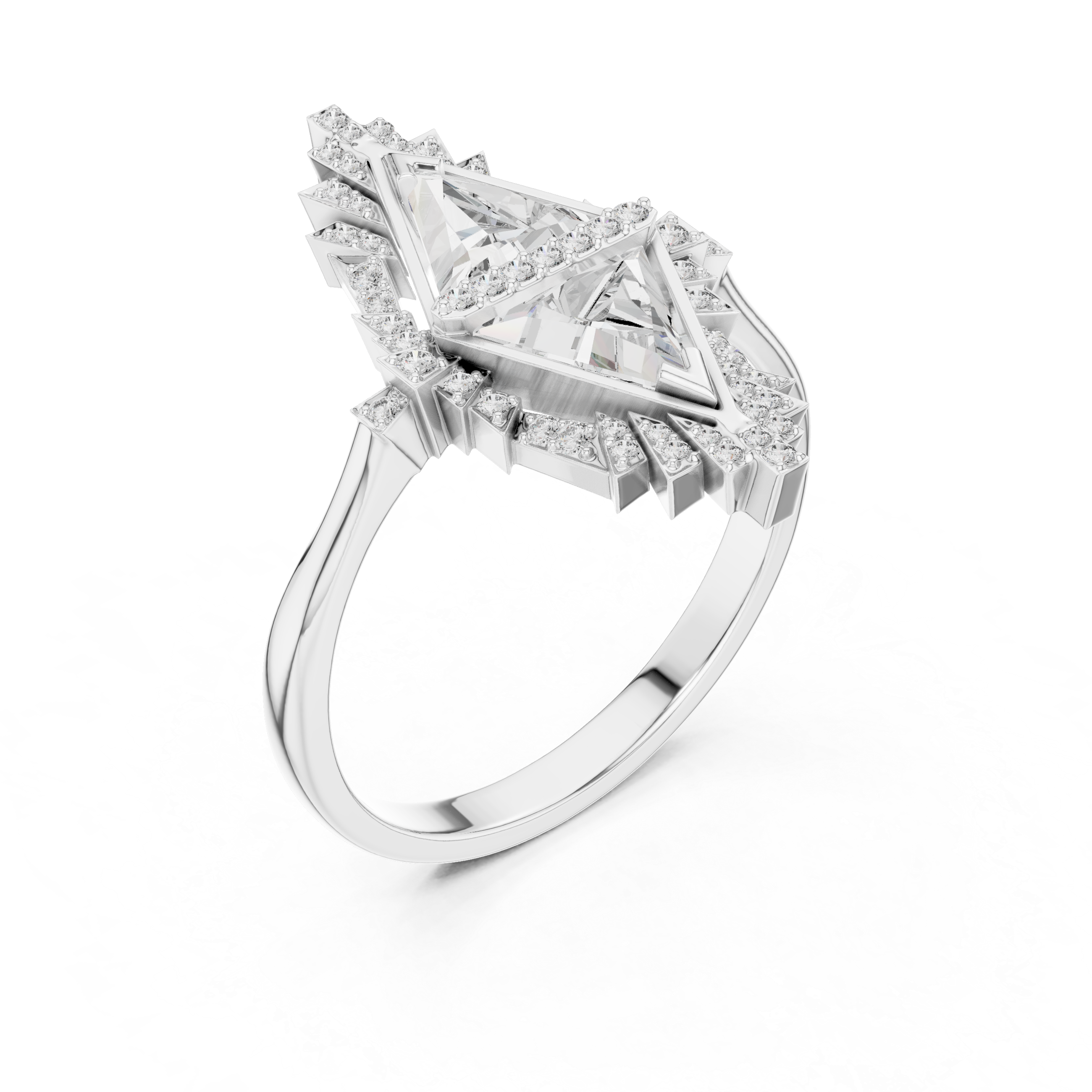 Art Deco Double Triangle Diamond Ring with Geometric Halo Design