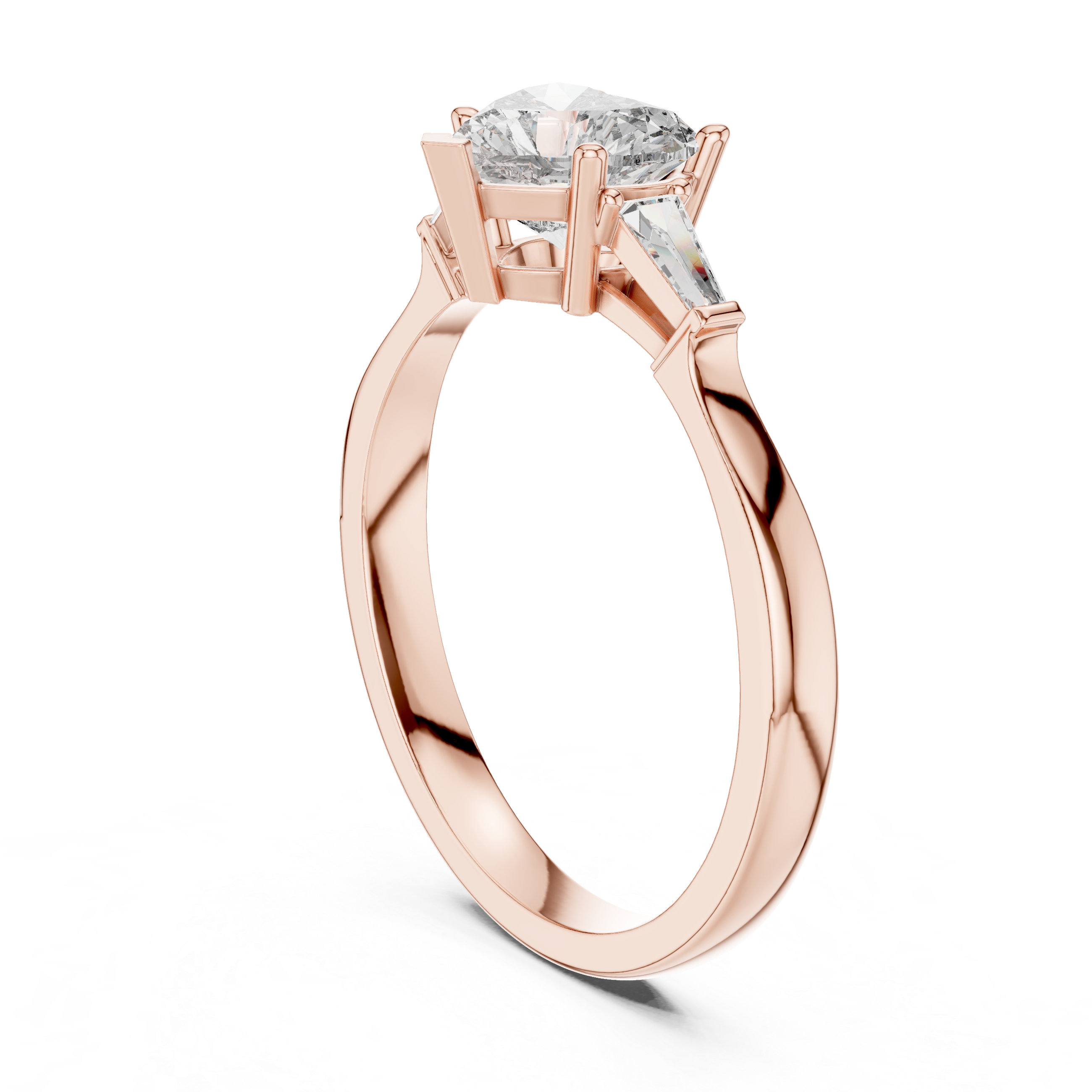 Heart Cut Three Stone Engagement Ring with Tapered Baguette Side Diamonds