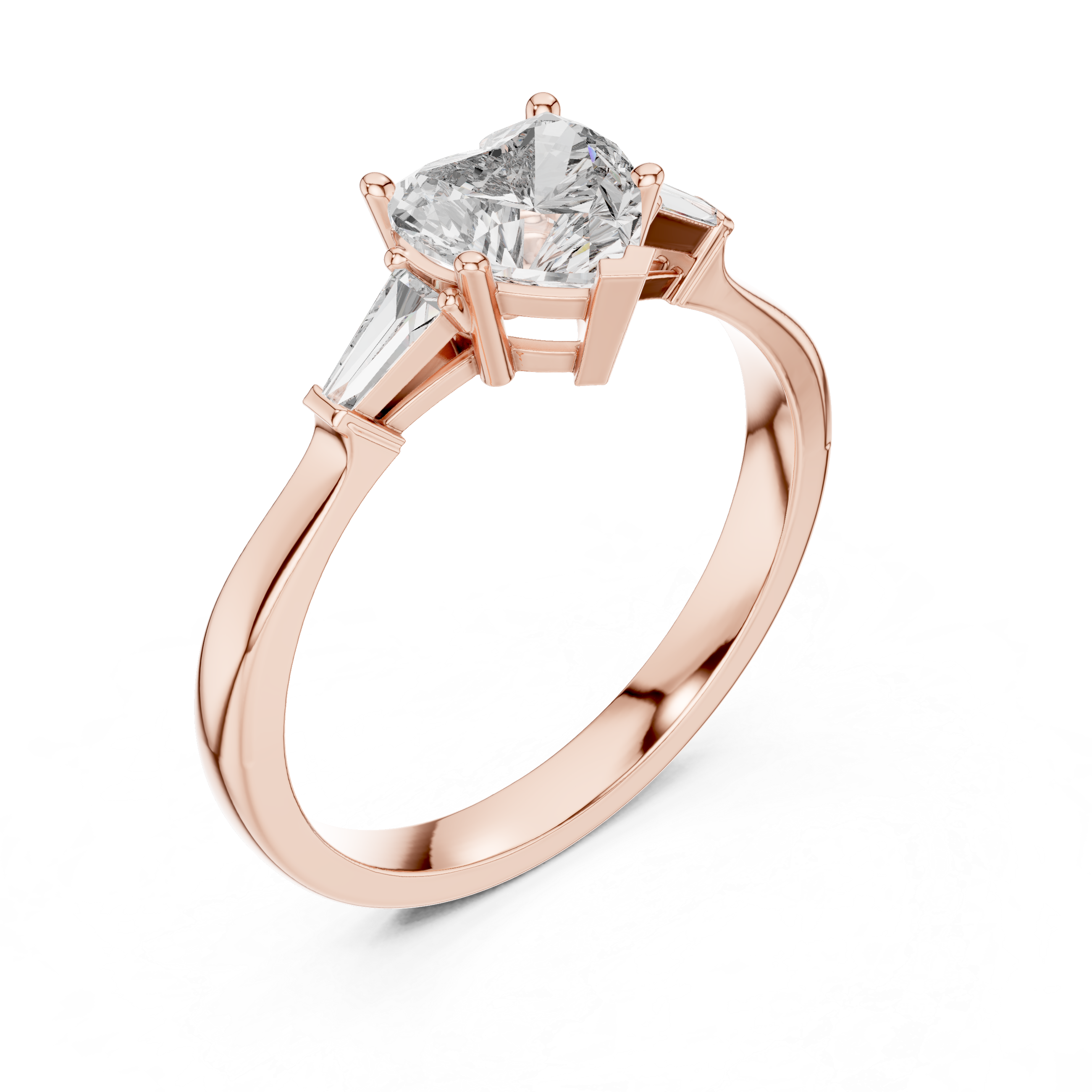 Heart Cut Three Stone Engagement Ring with Tapered Baguette Side Diamonds