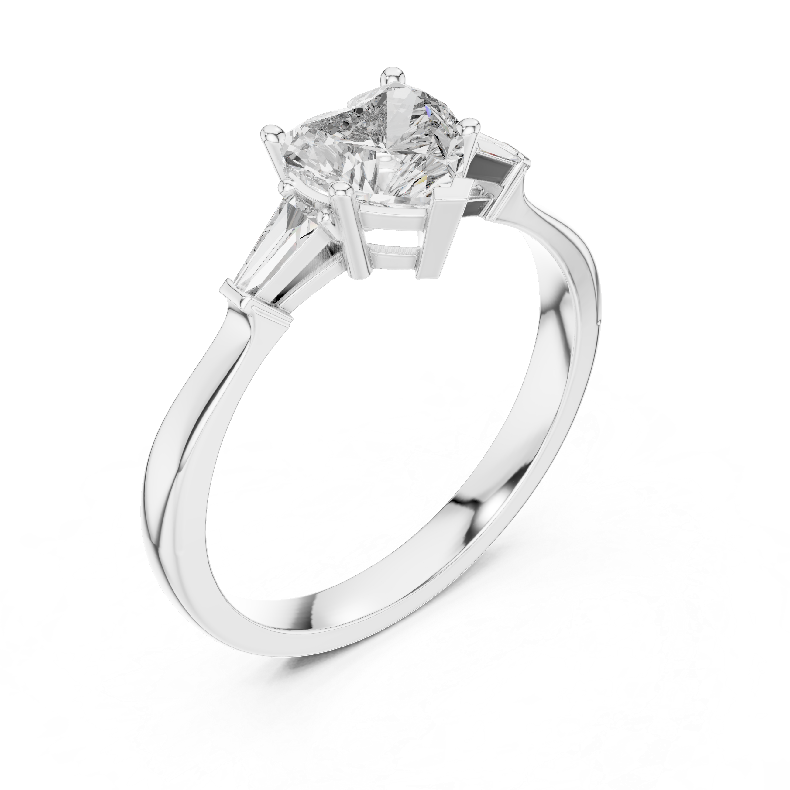 Heart Cut Three Stone Engagement Ring with Tapered Baguette Side Diamonds