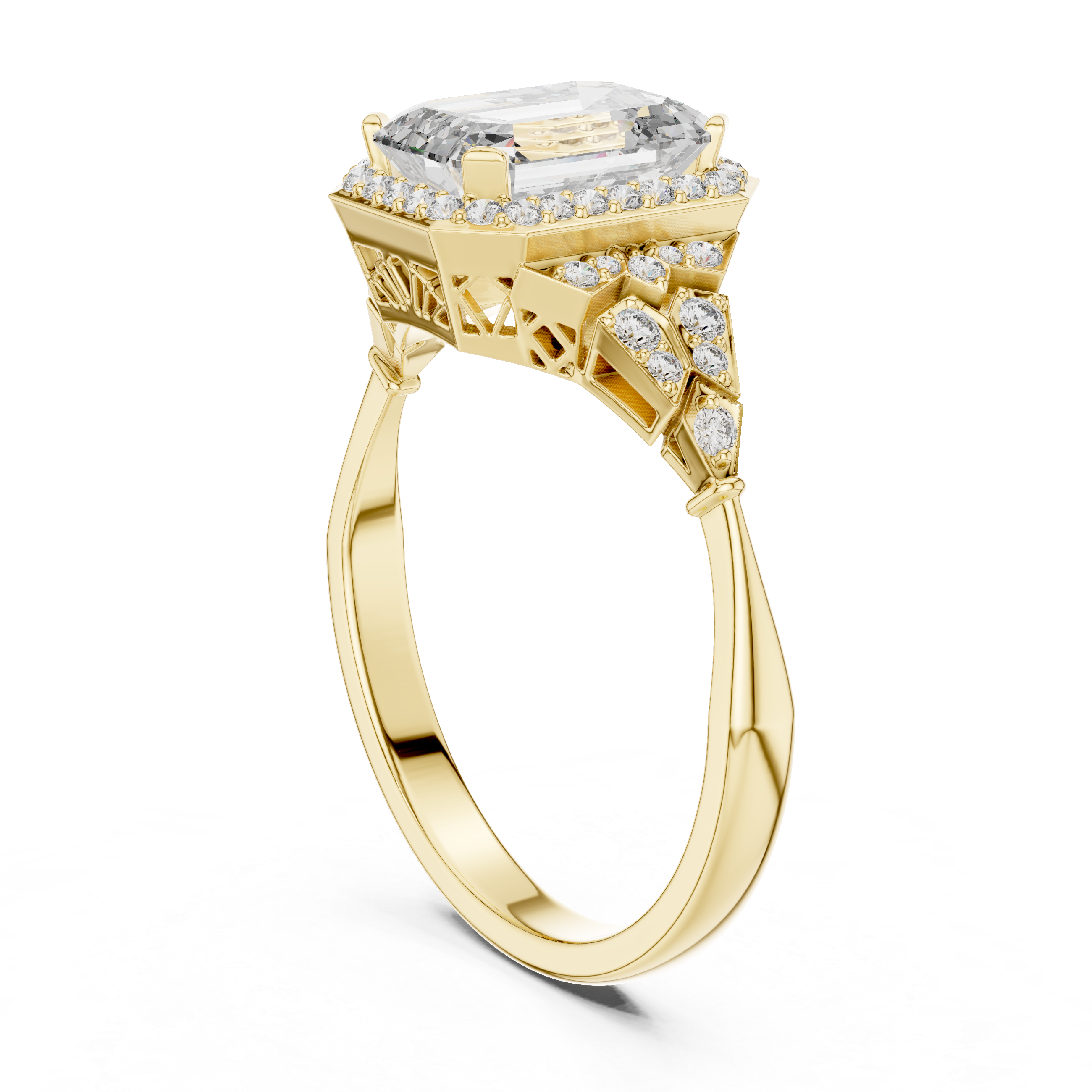 Emerald Cut Halo Engagement Ring with Pavé Diamond Accents