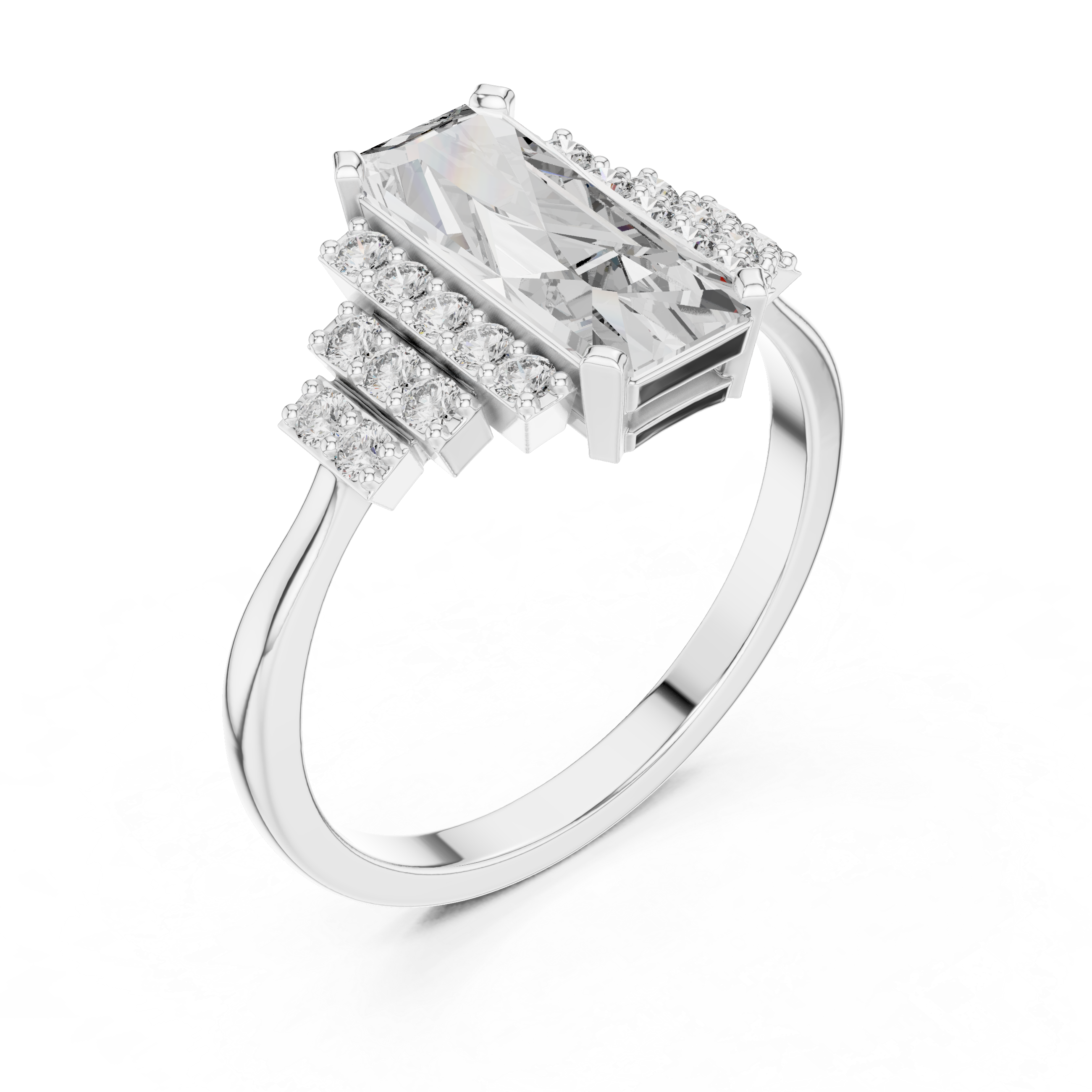 Emerald Cut Diamond Engagement Ring with Graduated Pavé Side Clusters