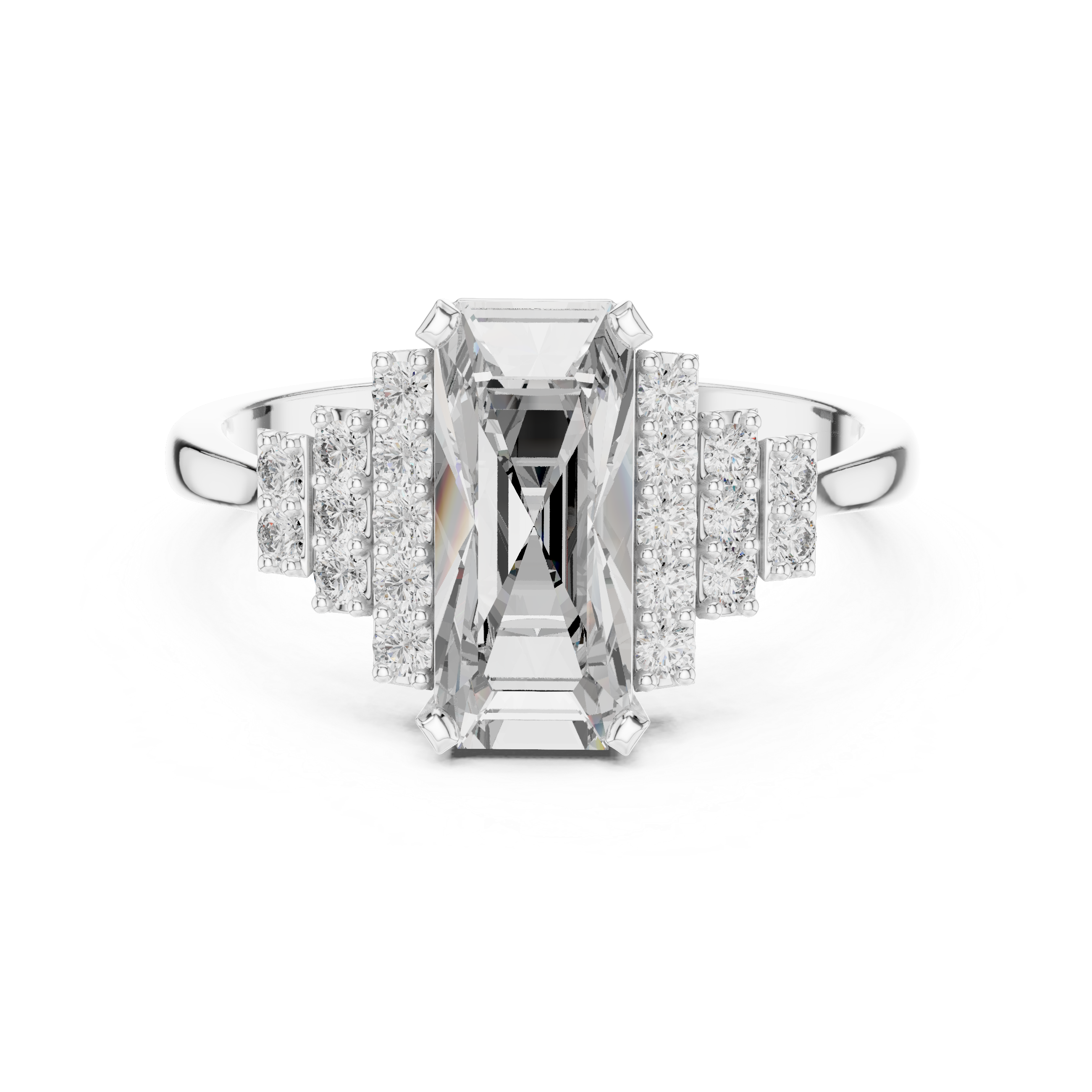 Emerald Cut Diamond Engagement Ring with Graduated Pavé Side Clusters