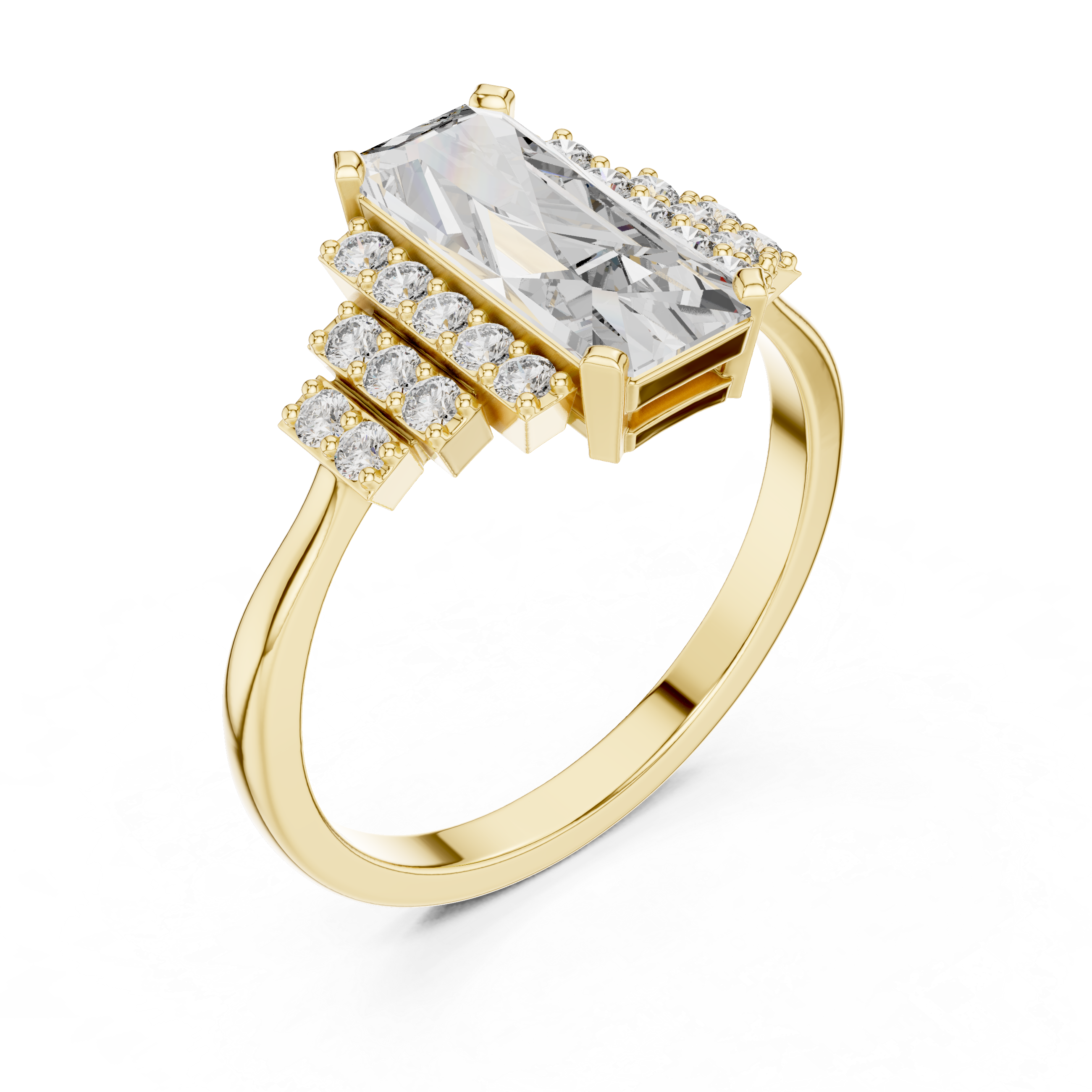 Emerald Cut Diamond Engagement Ring with Graduated Pavé Side Clusters