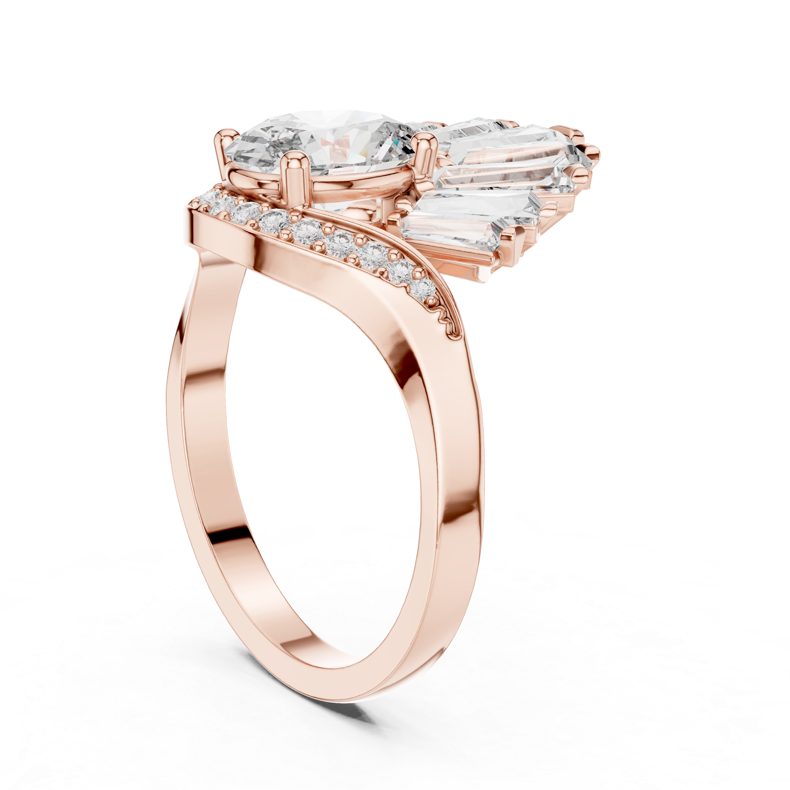 Art Deco Fan Halo Oval Diamond Ring with Baguette Burst Design