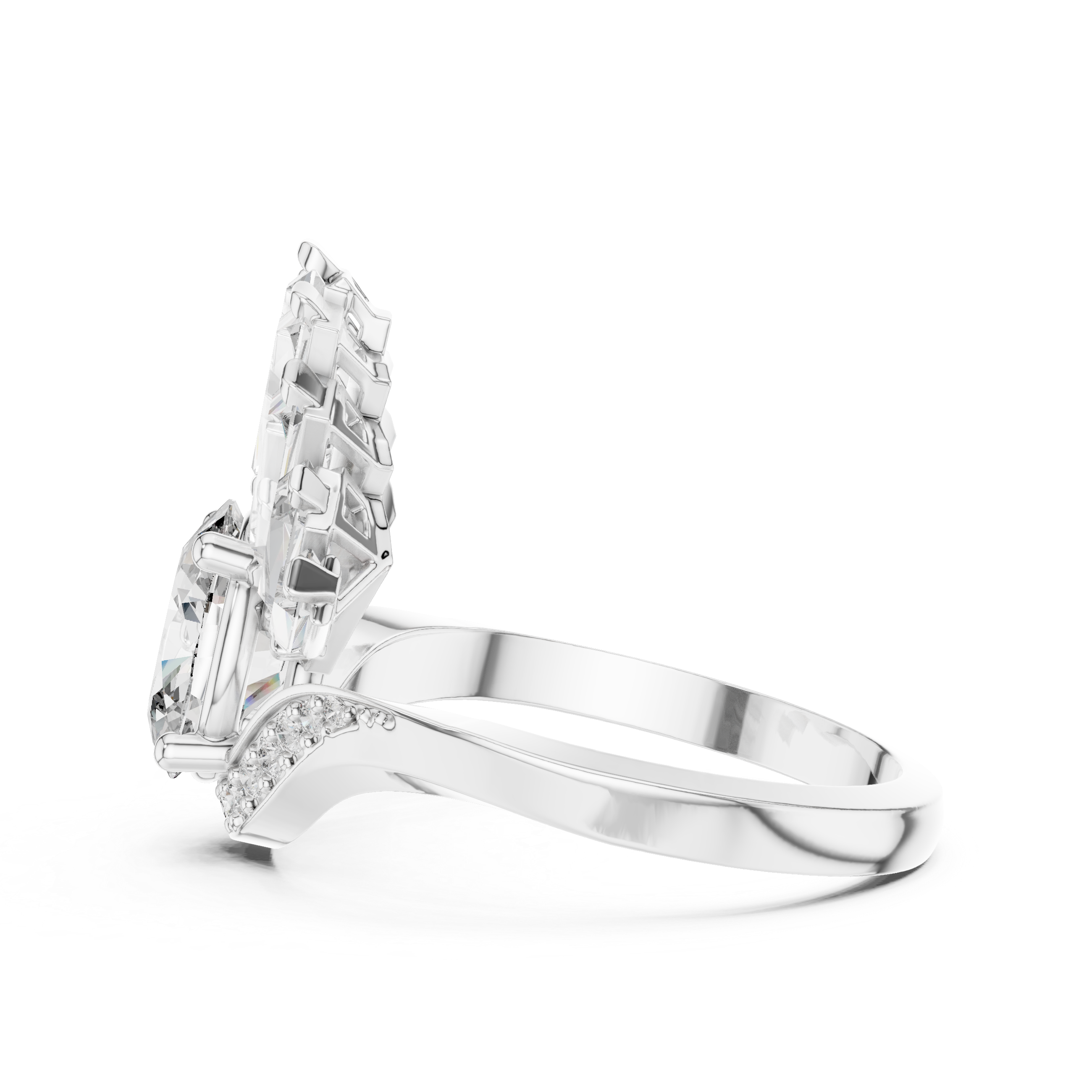 Art Deco Fan Halo Oval Diamond Ring with Baguette Burst Design