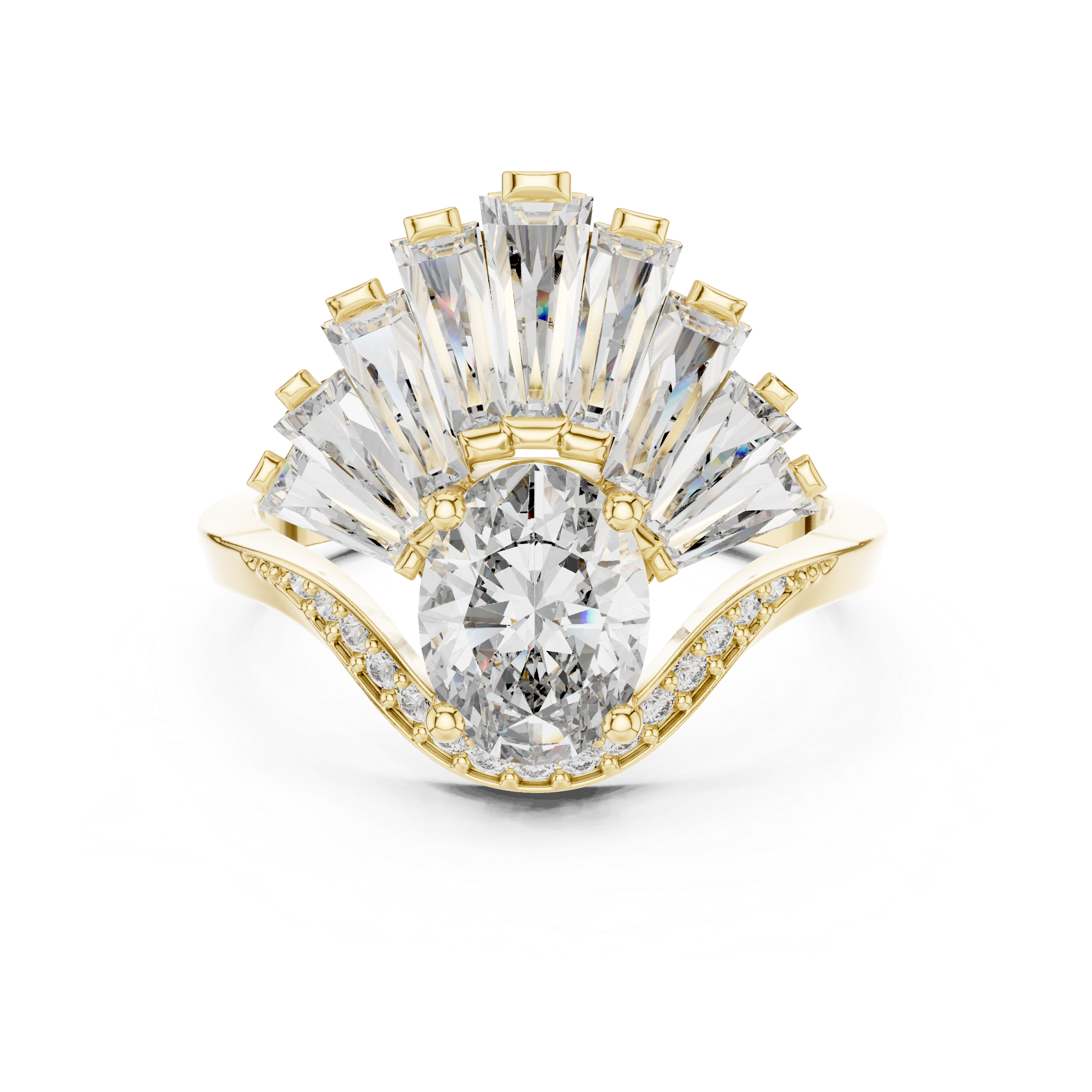 Art Deco Fan Halo Oval Diamond Ring with Baguette Burst Design