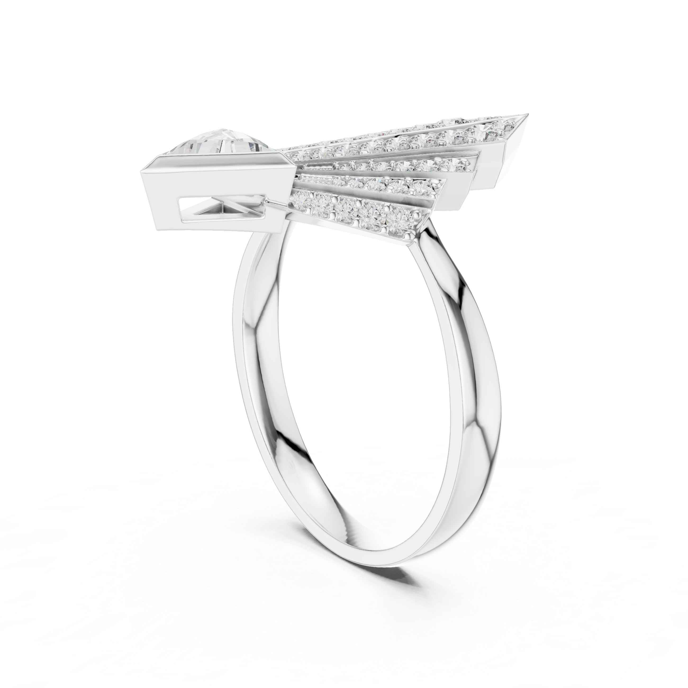 Art Deco Spear Fan Diamond Ring with Triangle Cut Accent