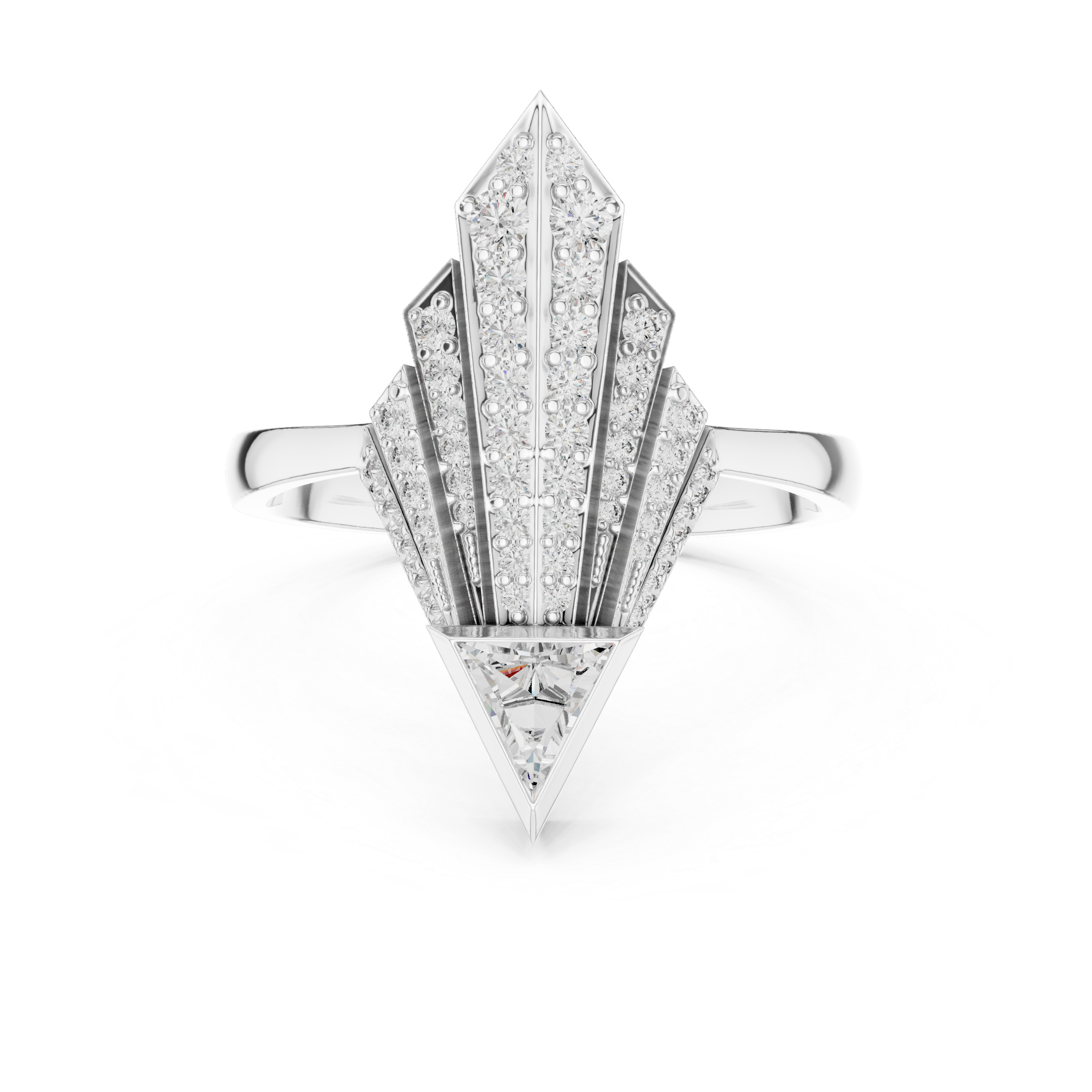 Art Deco Spear Fan Diamond Ring with Triangle Cut Accent