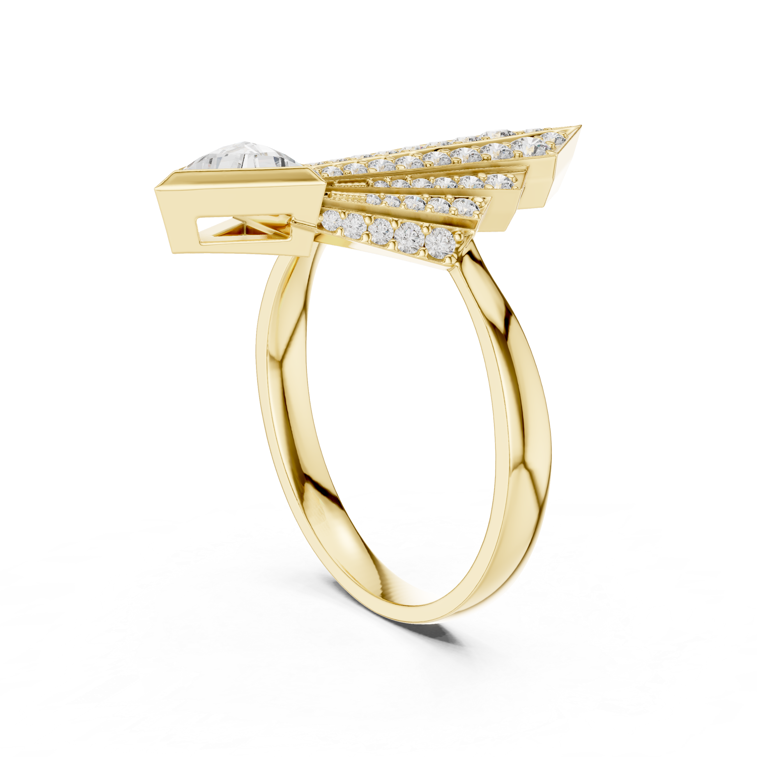 Art Deco Spear Fan Diamond Ring with Triangle Cut Accent