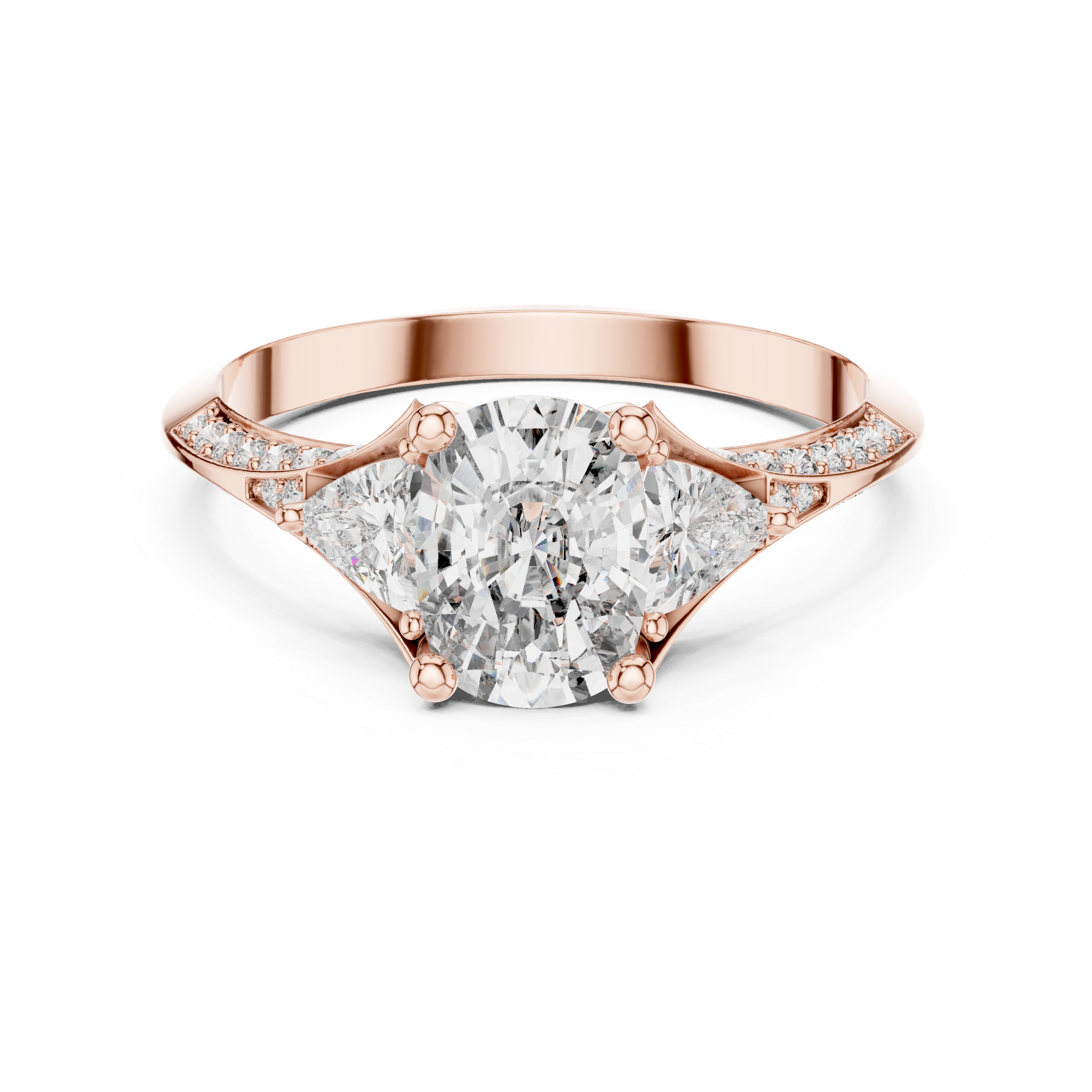 Cushion Cut Three Stone Engagement Ring with Trillion Side Diamonds