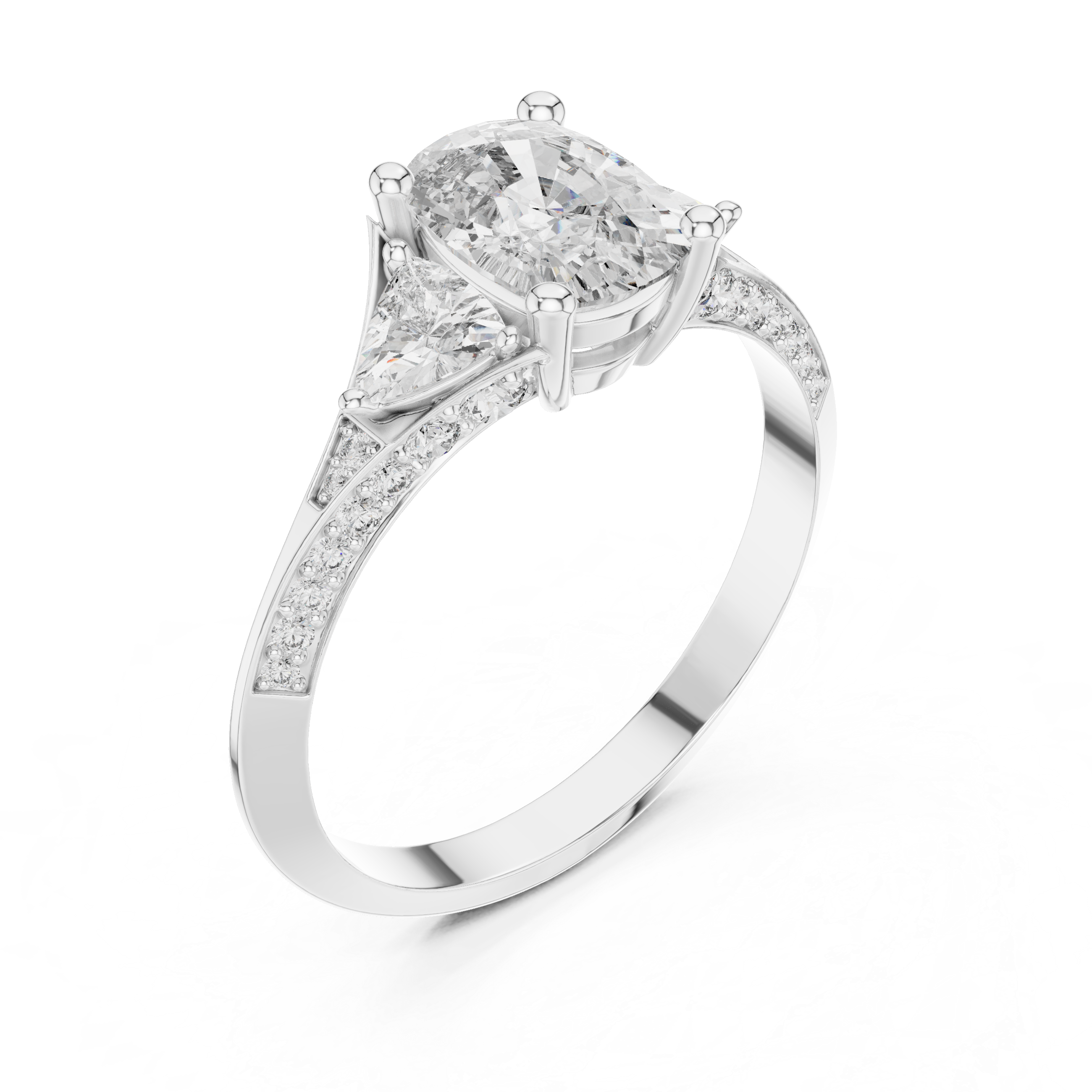Cushion Cut Three Stone Engagement Ring with Trillion Side Diamonds