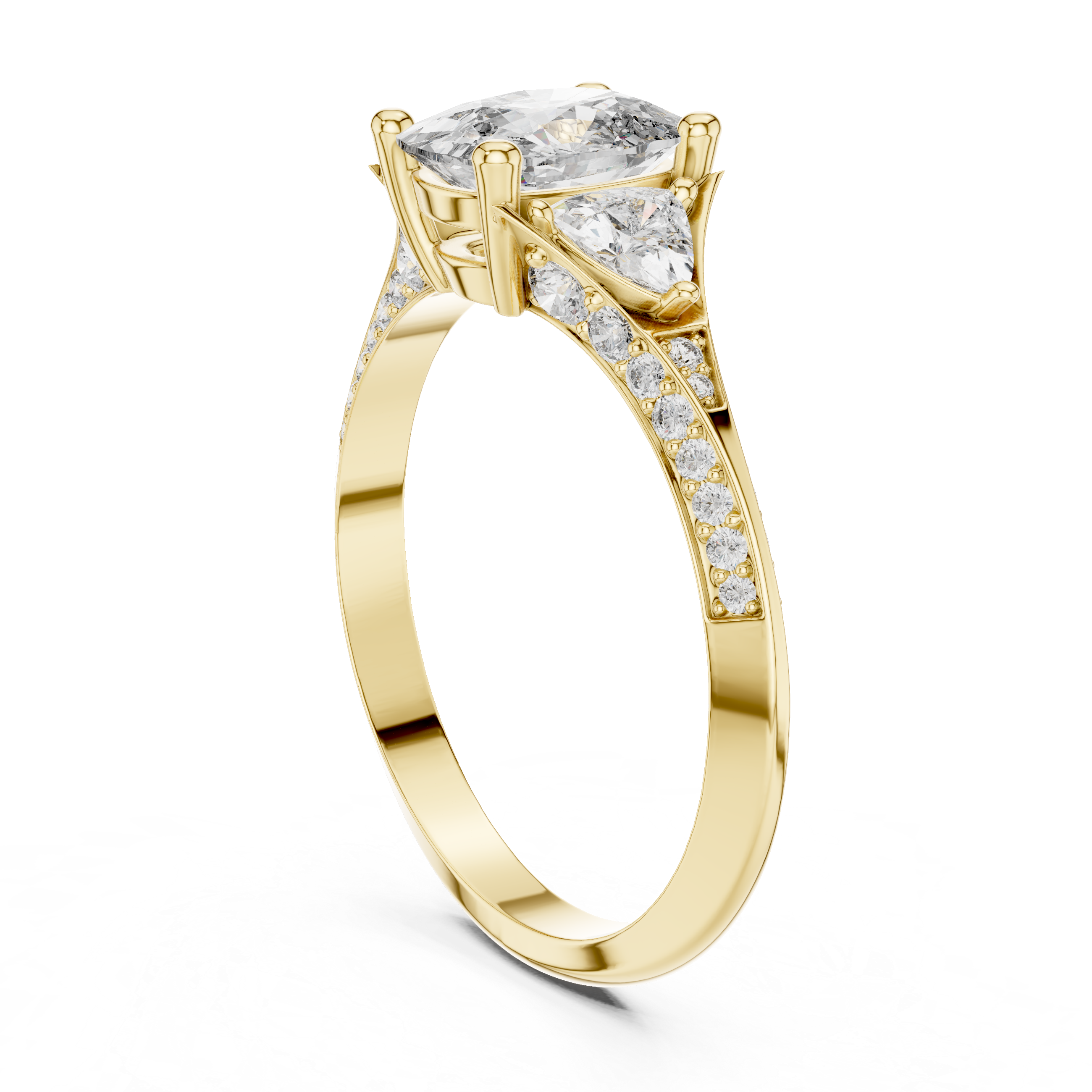 Cushion Cut Three Stone Engagement Ring with Trillion Side Diamonds