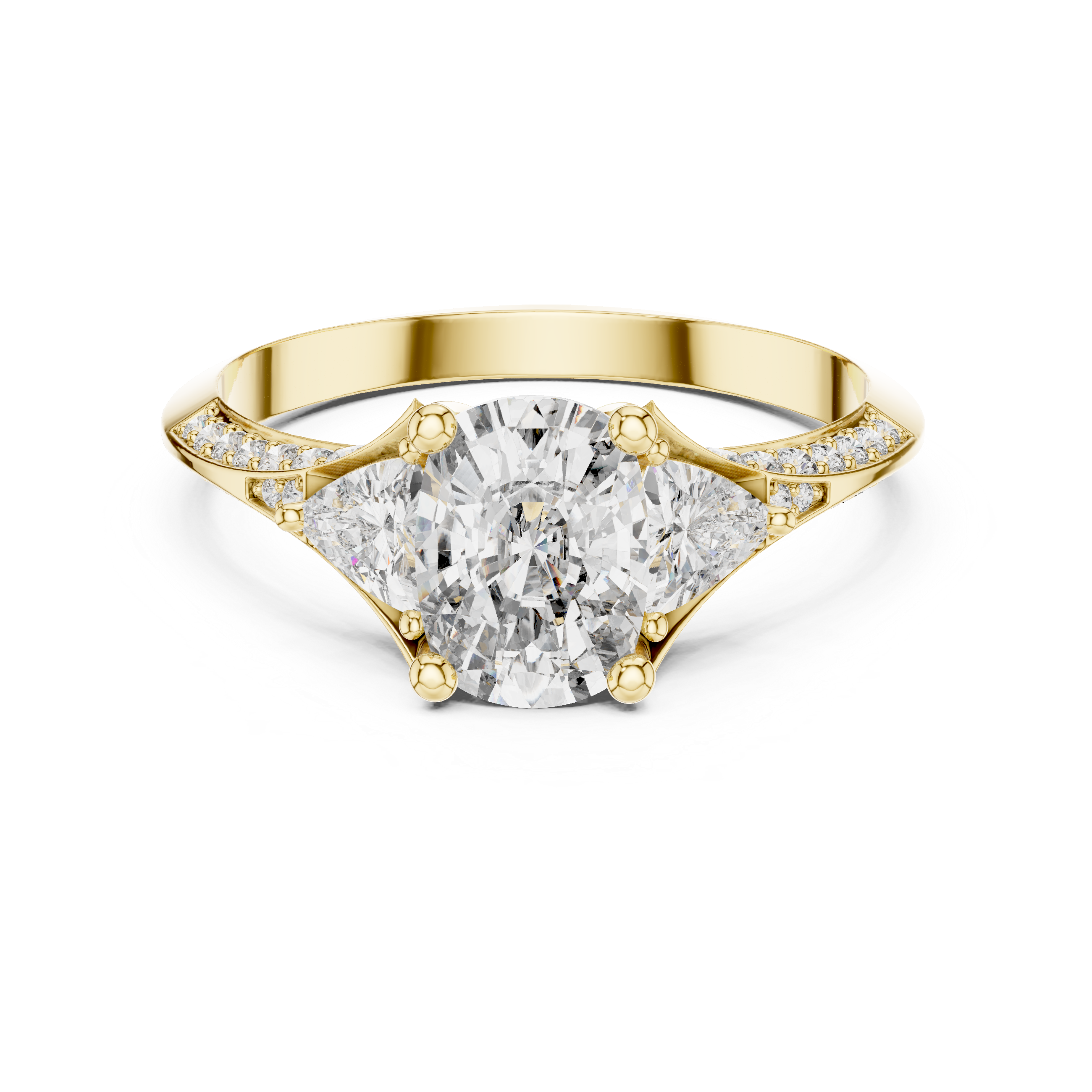 Cushion Cut Three Stone Engagement Ring with Trillion Side Diamonds