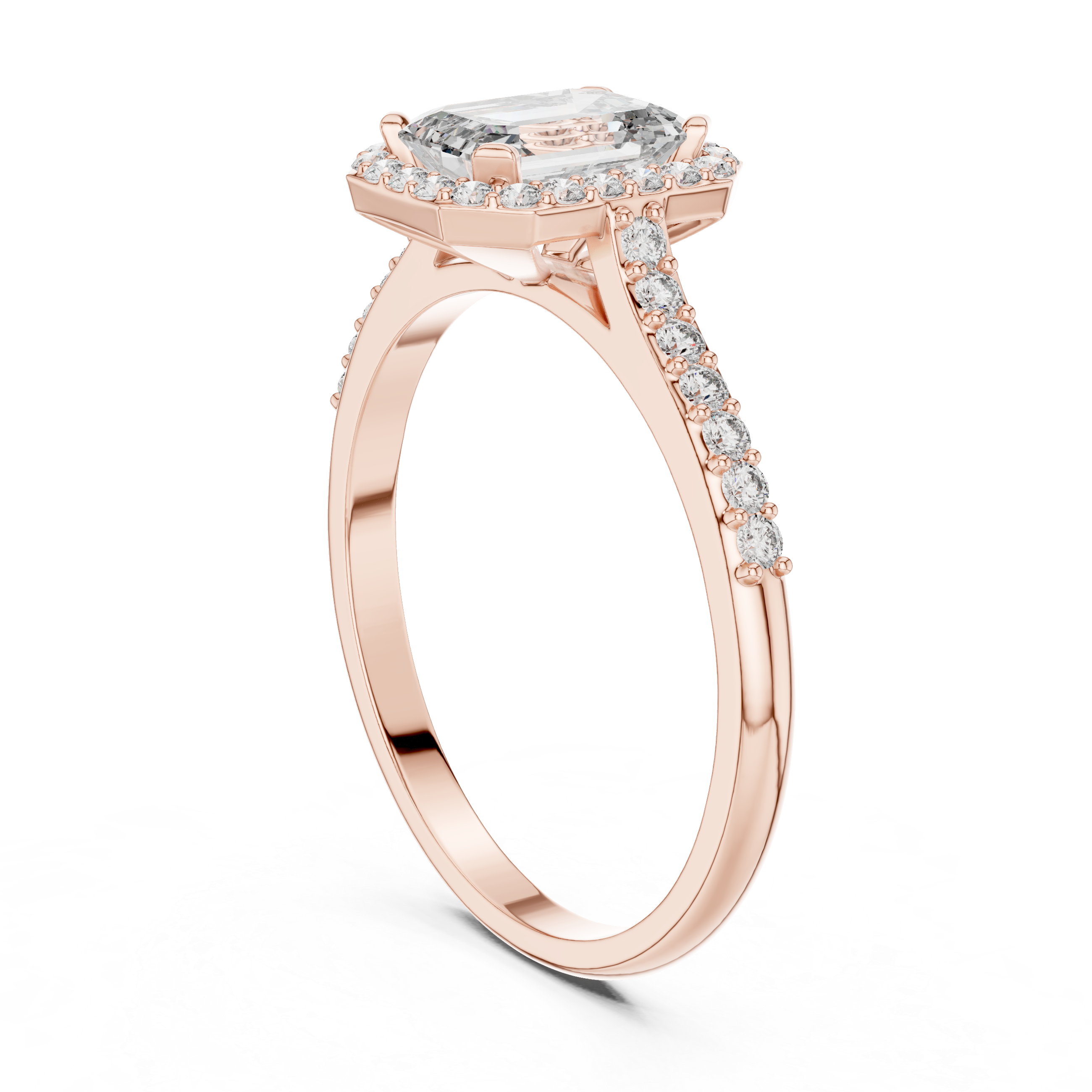 Emerald Cut Halo Engagement Ring with Pavé Diamond Band