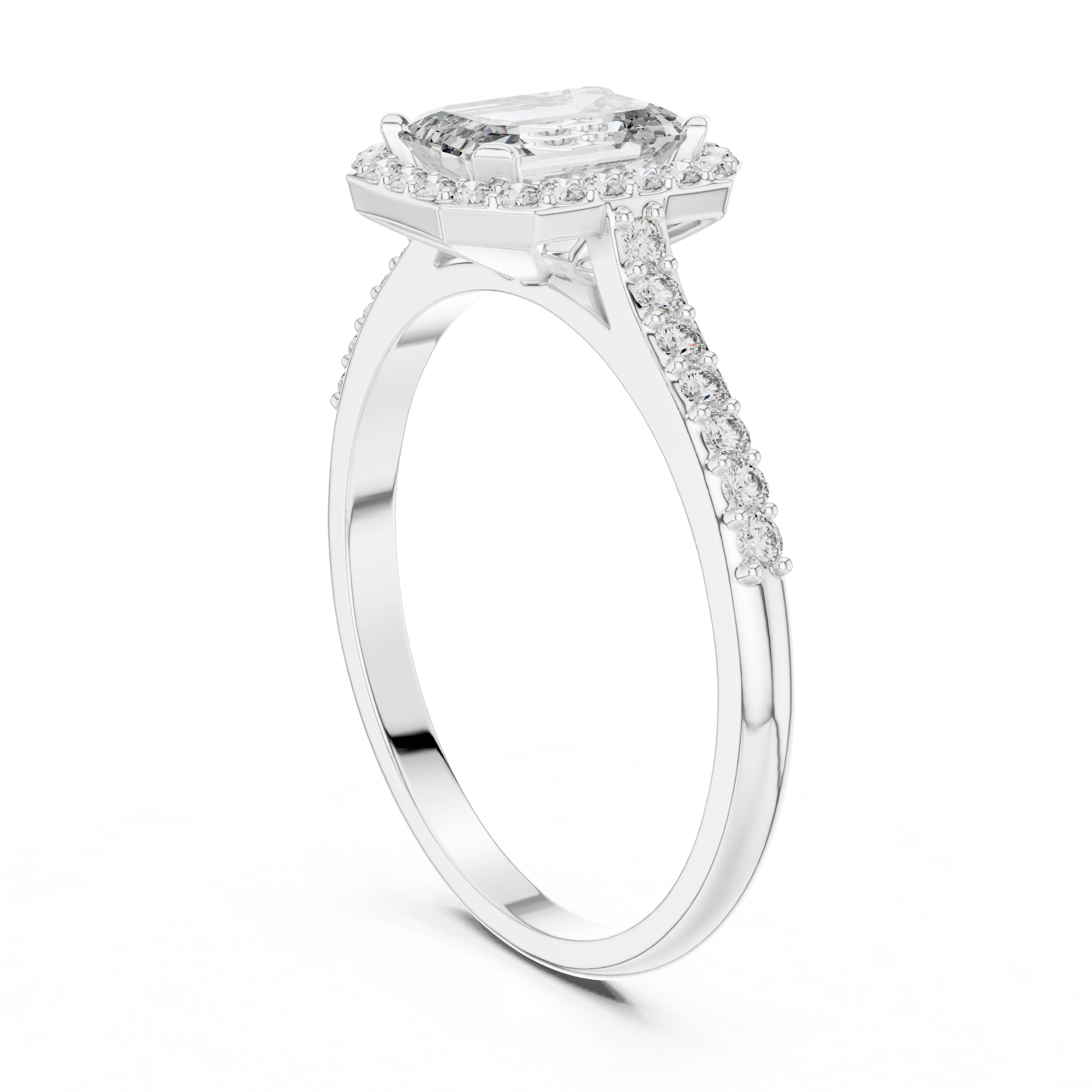 Emerald Cut Halo Engagement Ring with Pavé Diamond Band