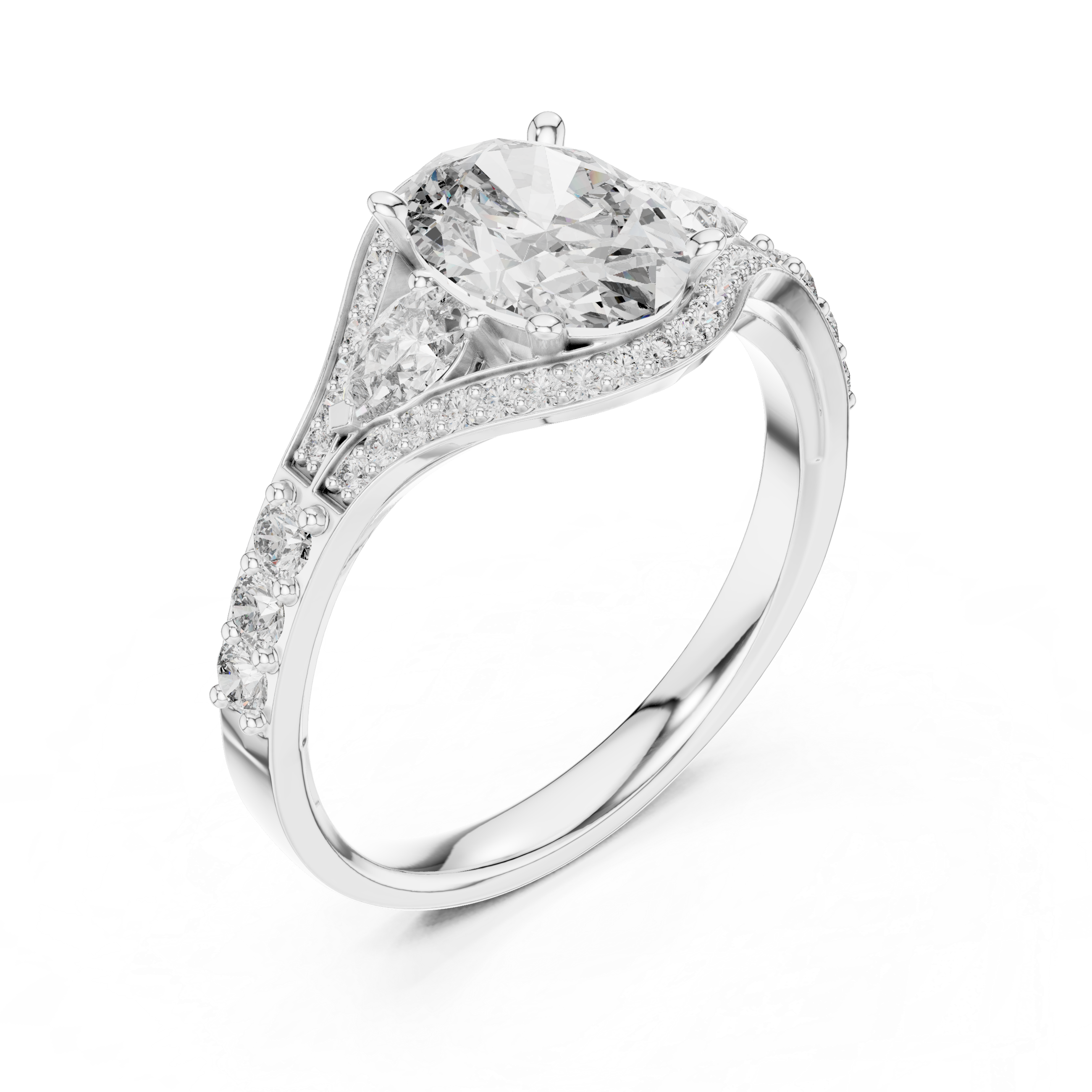 Oval Halo Engagement Ring with Pear Side Stones and Triple Pavé Split Shank