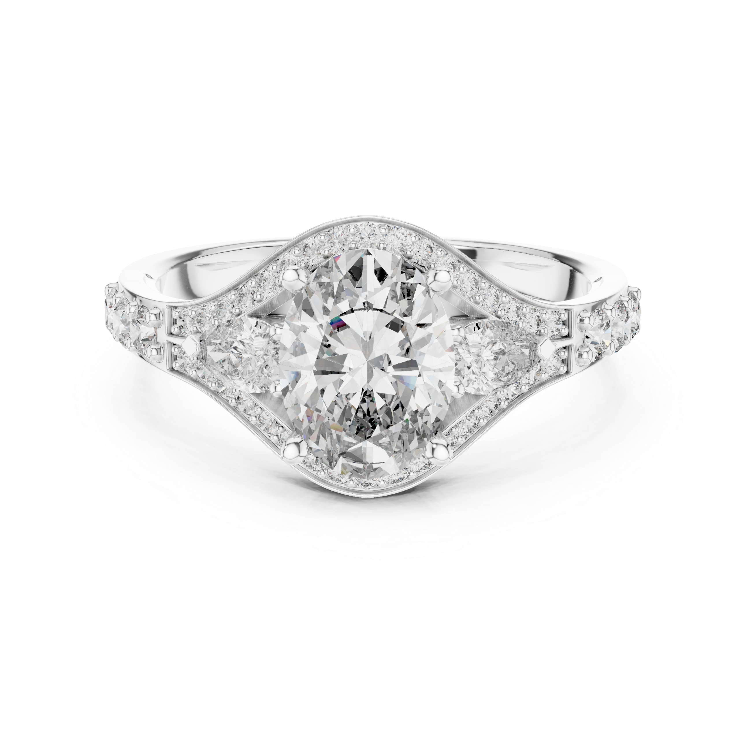 Oval Halo Engagement Ring with Pear Side Stones and Triple Pavé Split Shank