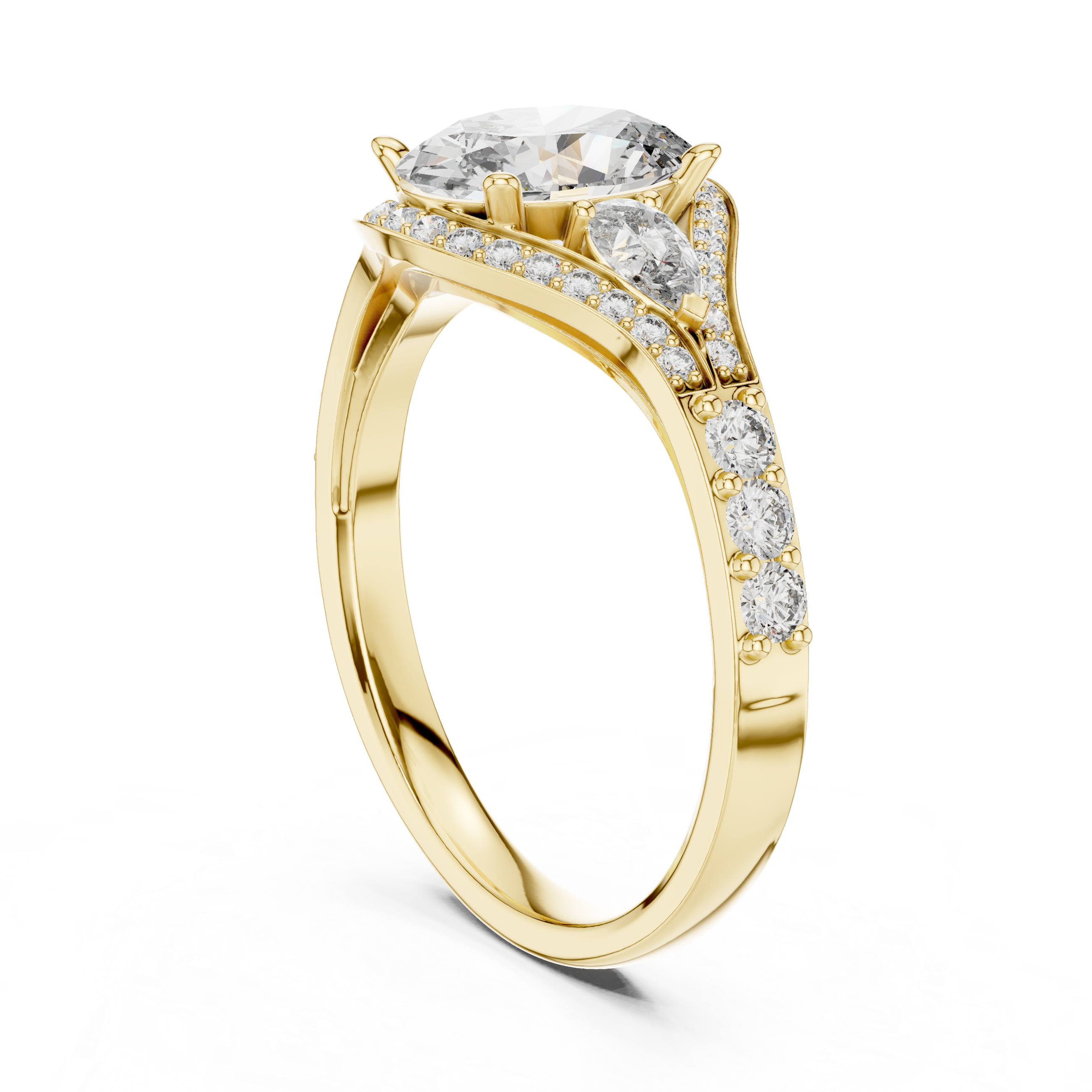 Oval Halo Engagement Ring with Pear Side Stones and Triple Pavé Split Shank