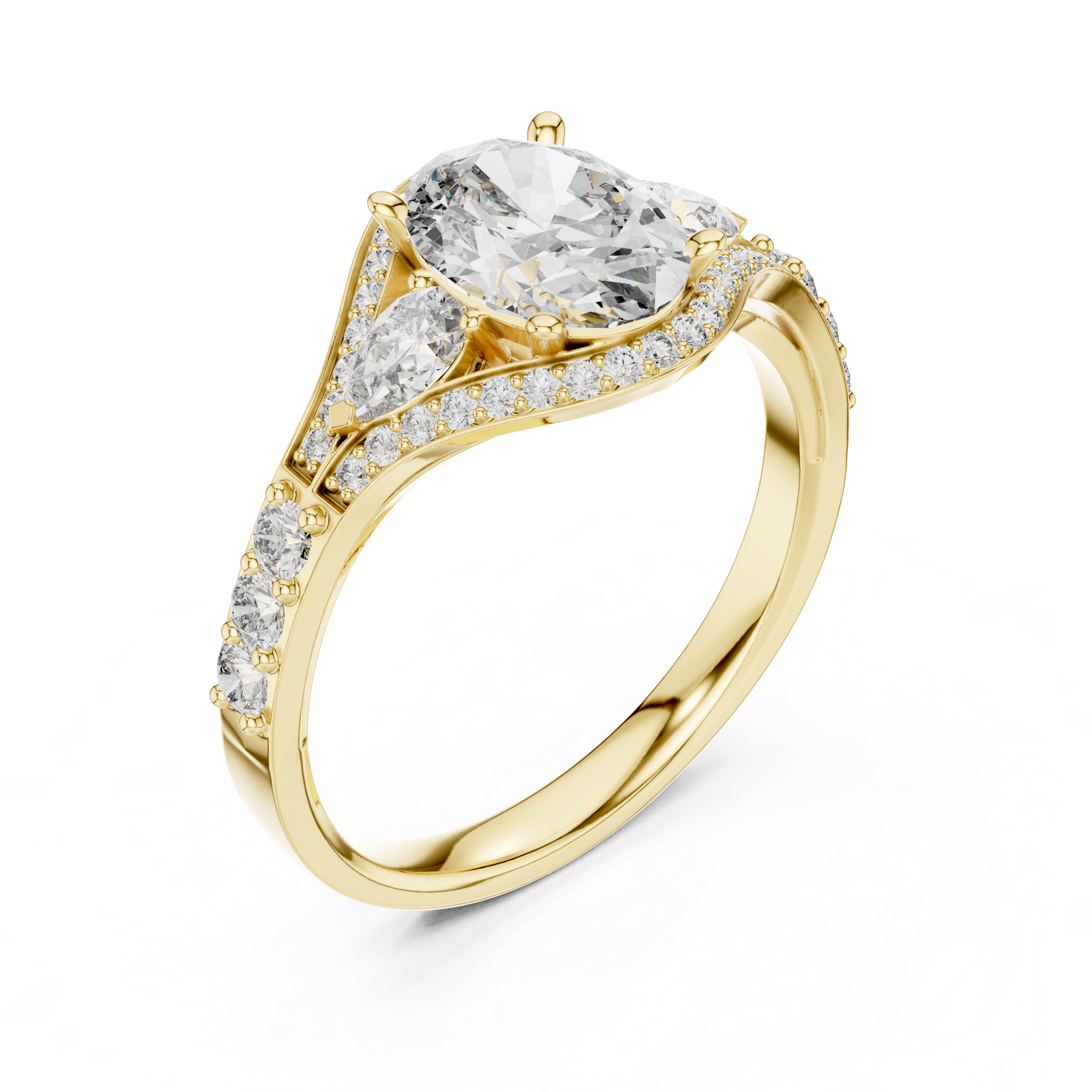 Oval Halo Engagement Ring with Pear Side Stones and Triple Pavé Split Shank