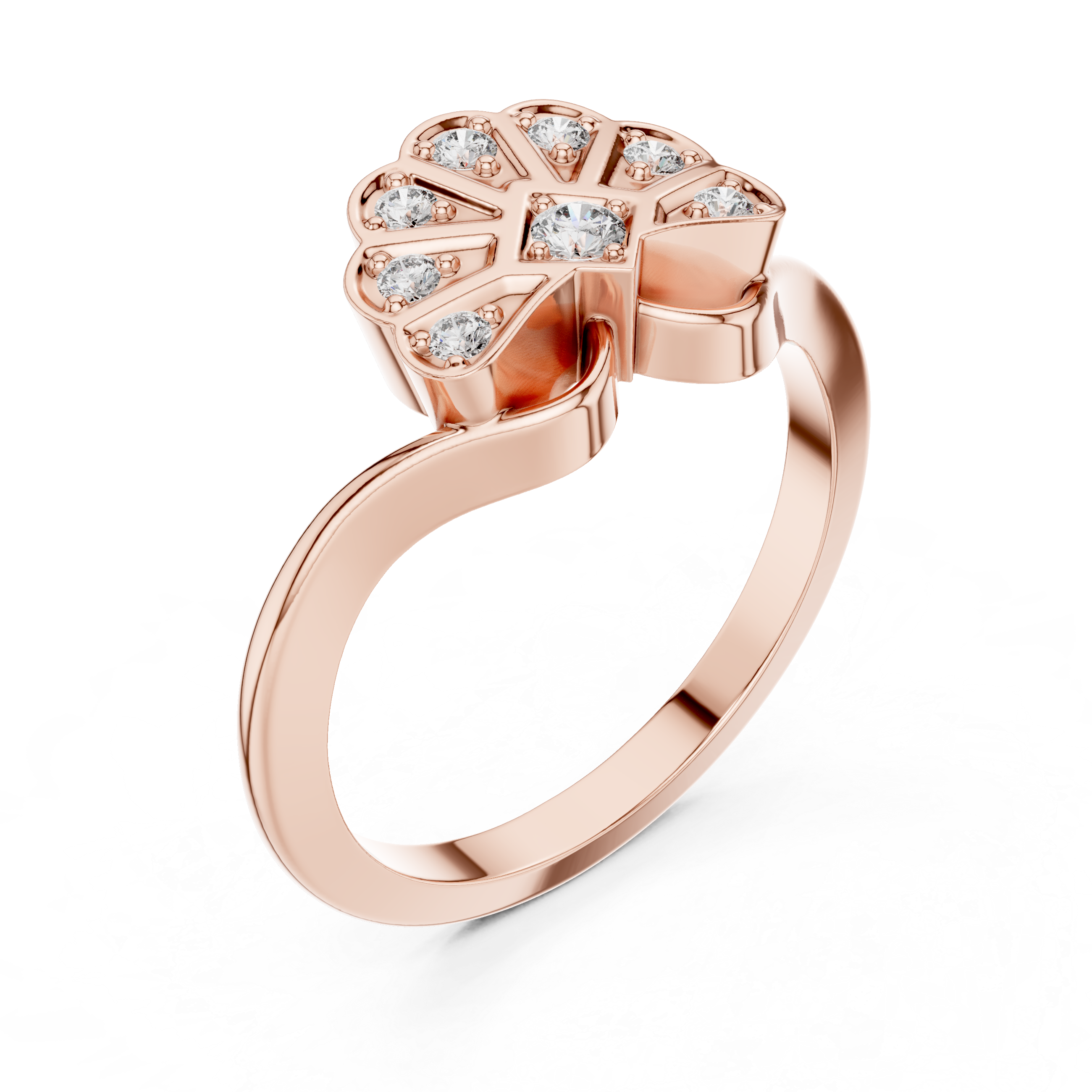 Vintage Fan Motif Diamond Ring with Geometric Pavé Cluster Design
