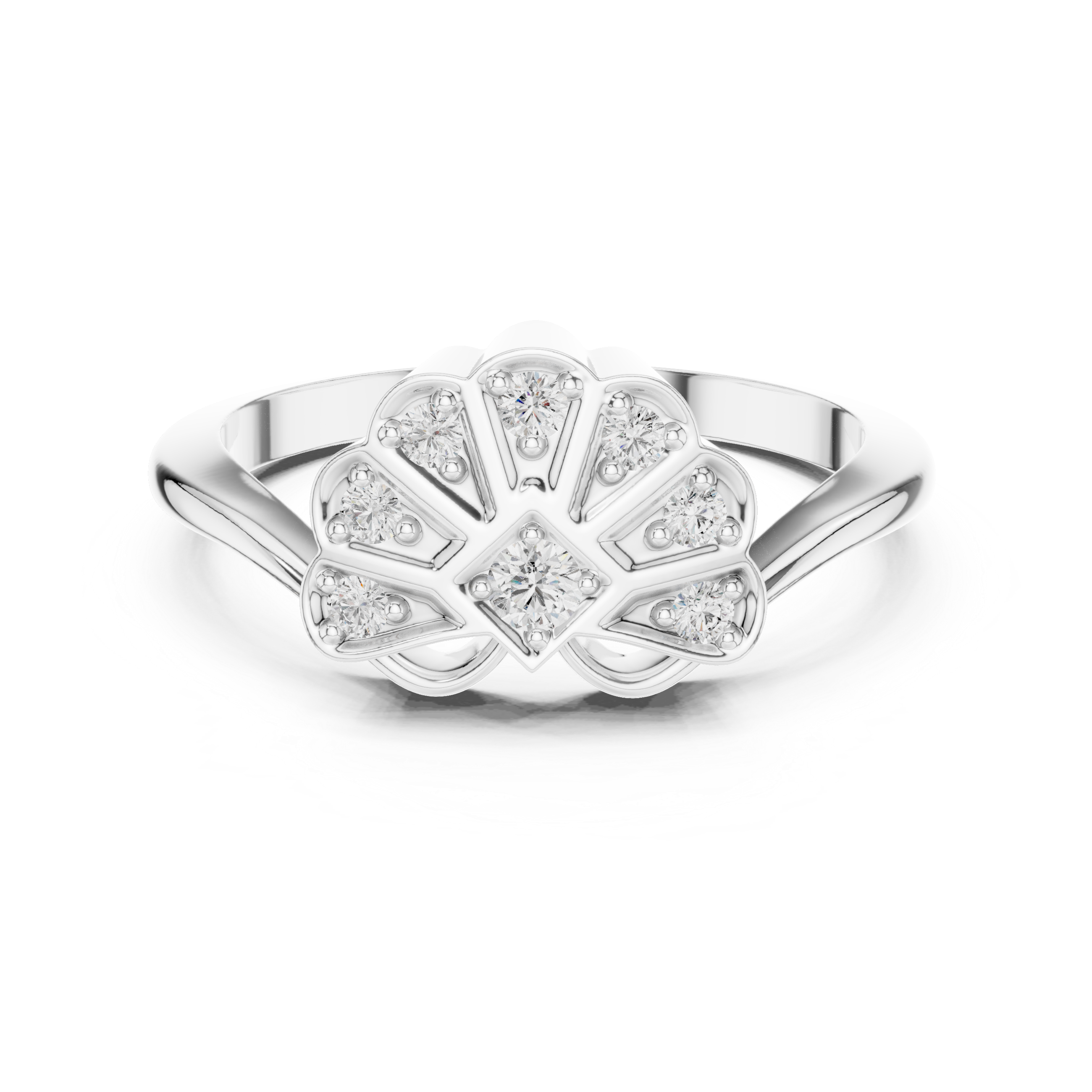 Vintage Fan Motif Diamond Ring with Geometric Pavé Cluster Design