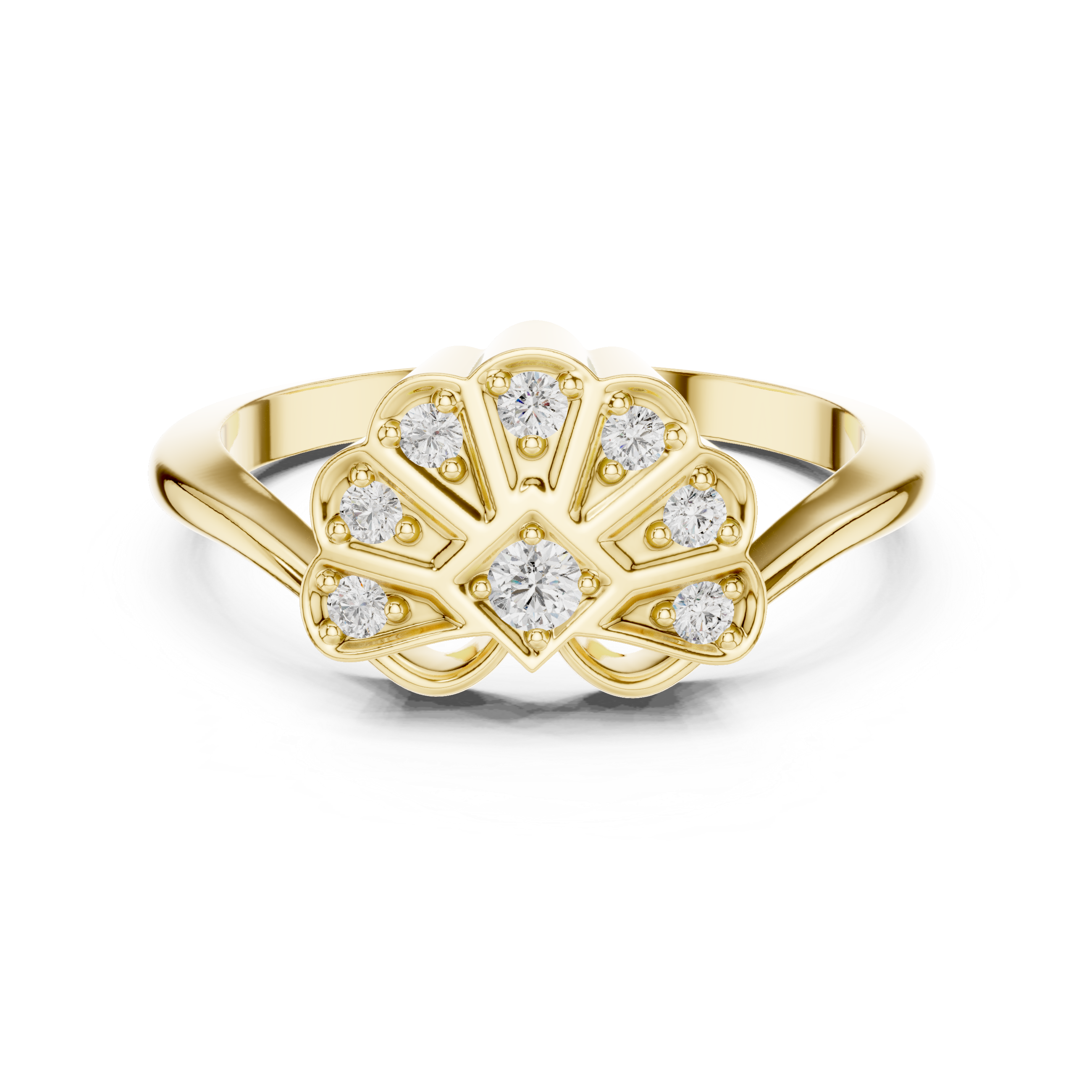 Vintage Fan Motif Diamond Ring with Geometric Pavé Cluster Design
